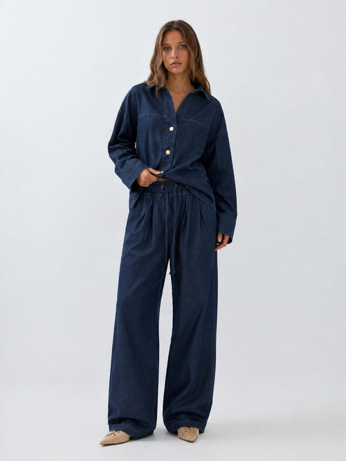 Wide-Leg Drawstring Raw Denim Pants Wide-leg CIZARO - Cizaro Jeans