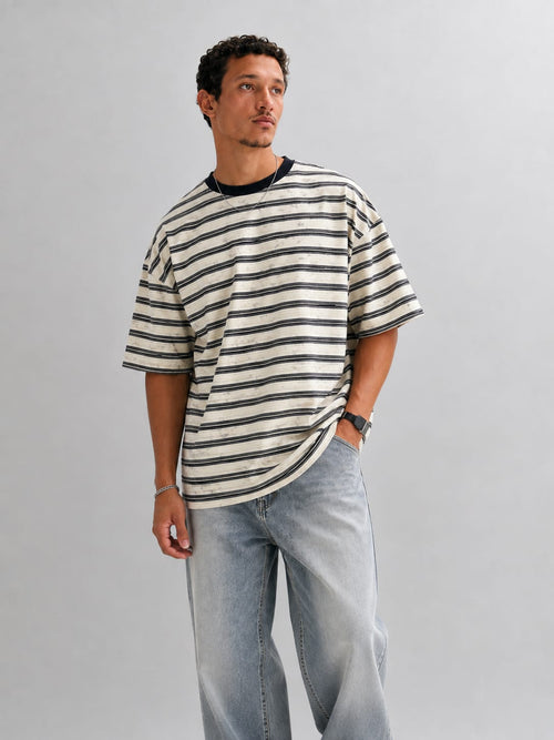 Off white Striped Oversized T-shirt T_SHIRT CIZARO - Cizaro Jeans