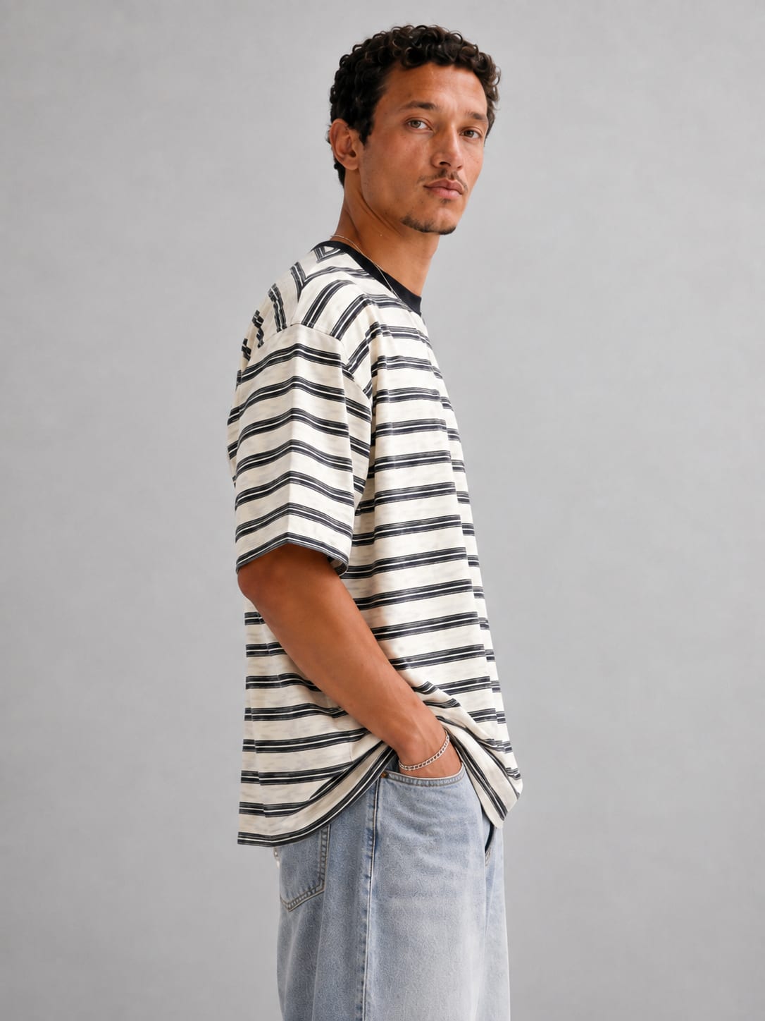 Off white Striped Oversized T-shirt T_SHIRT CIZARO - Cizaro Jeans