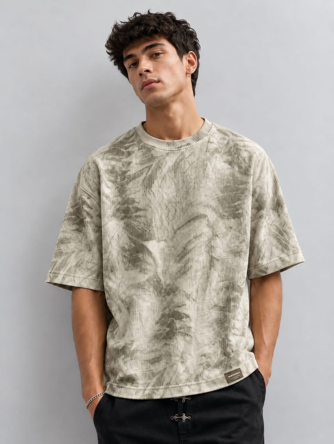 Relaxed Fit Leaf Print T-Shirt – Sand Beige