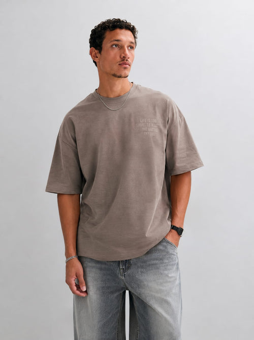 Taupe Printed oversized T-shirt T-SHIRT CIZARO - Cizaro Jeans