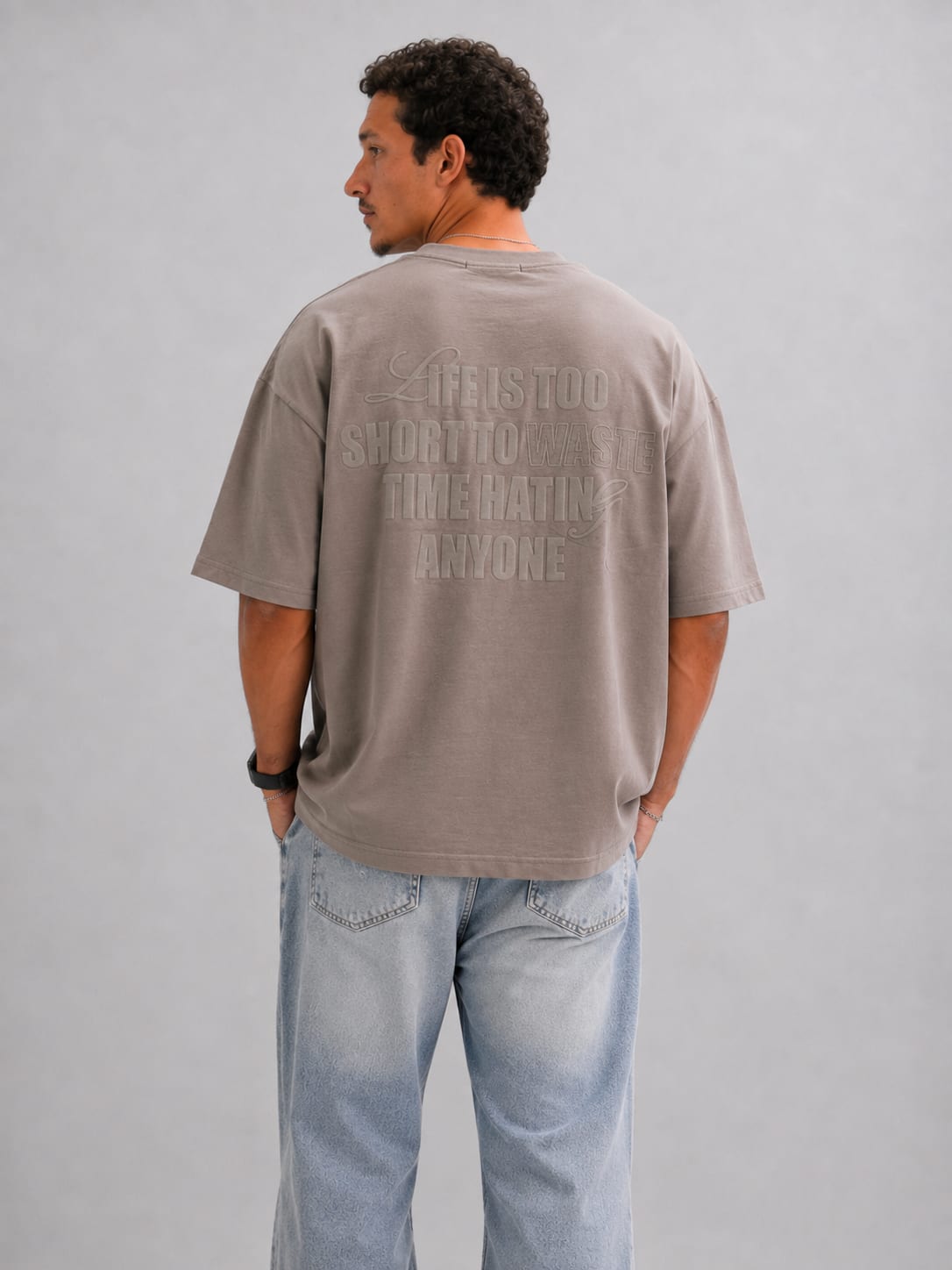 Taupe Printed oversized T-shirt T-SHIRT CIZARO - Cizaro Jeans