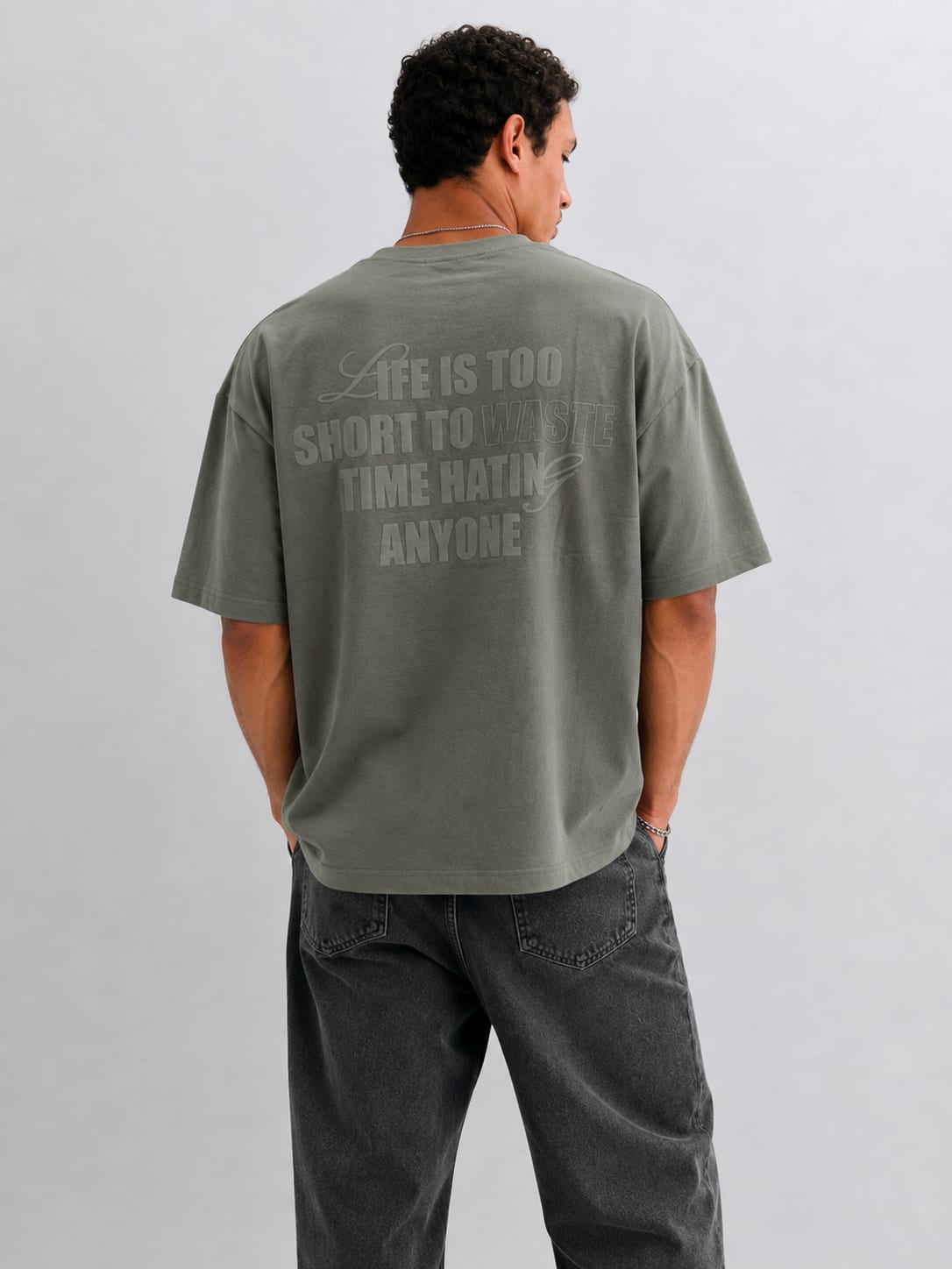 Sage Green Printed Oversized T-Shirt T-SHIRT CIZARO - Cizaro Jeans