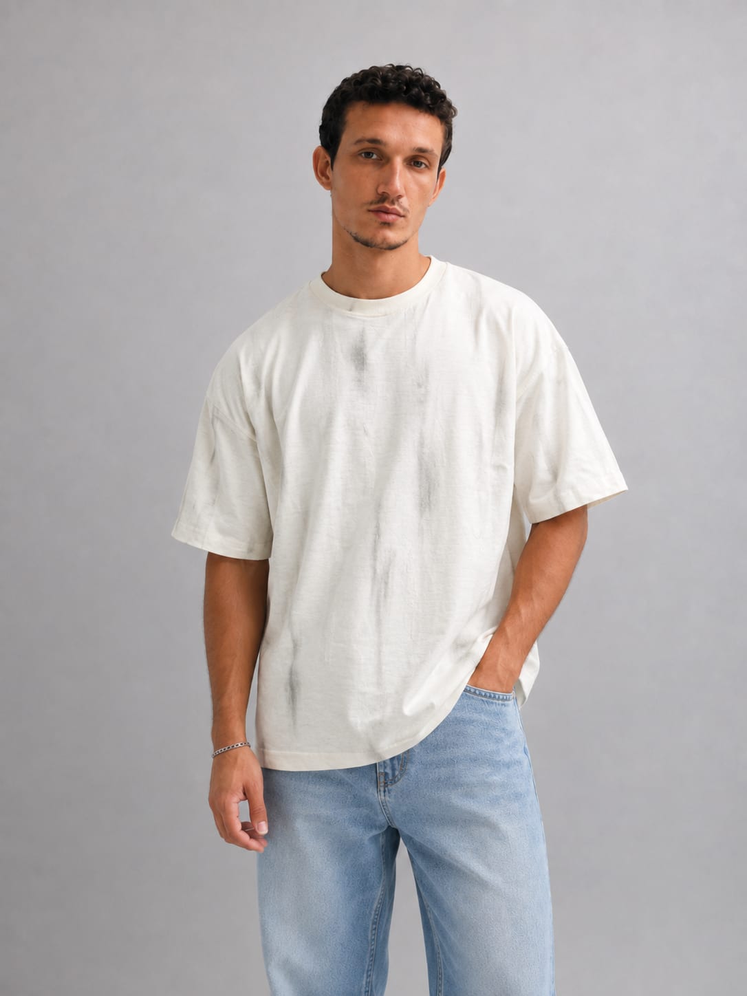 Off-White Textured Oversized T-Shirt T-SHIRT CIZARO - Cizaro Jeans