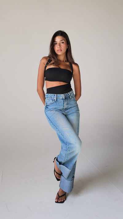 Wide leg High waist Raw Hem light vintage blue jeans