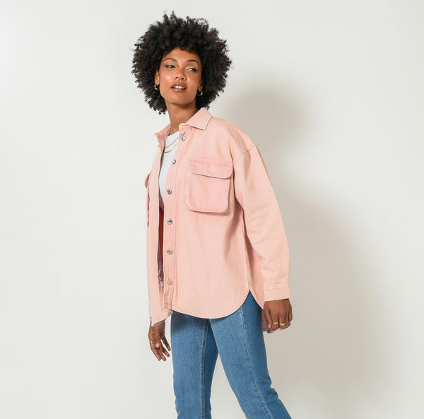 Oversized Bright Pink Flap Pocket Denim Shirt Jacket.