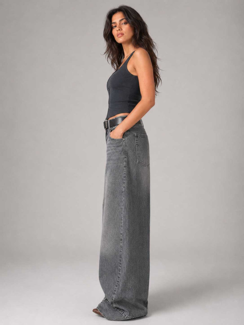Extreme Wide Leg High Waist Washed Gray Jeans Wide-leg CIZARO - Cizaro Jeans
