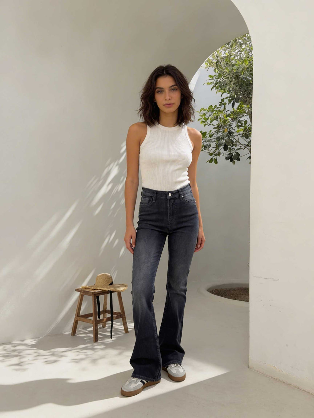 Flare – High-Waist Washed Charcoal Jeans Flare CIZARO - Cizaro Jeans