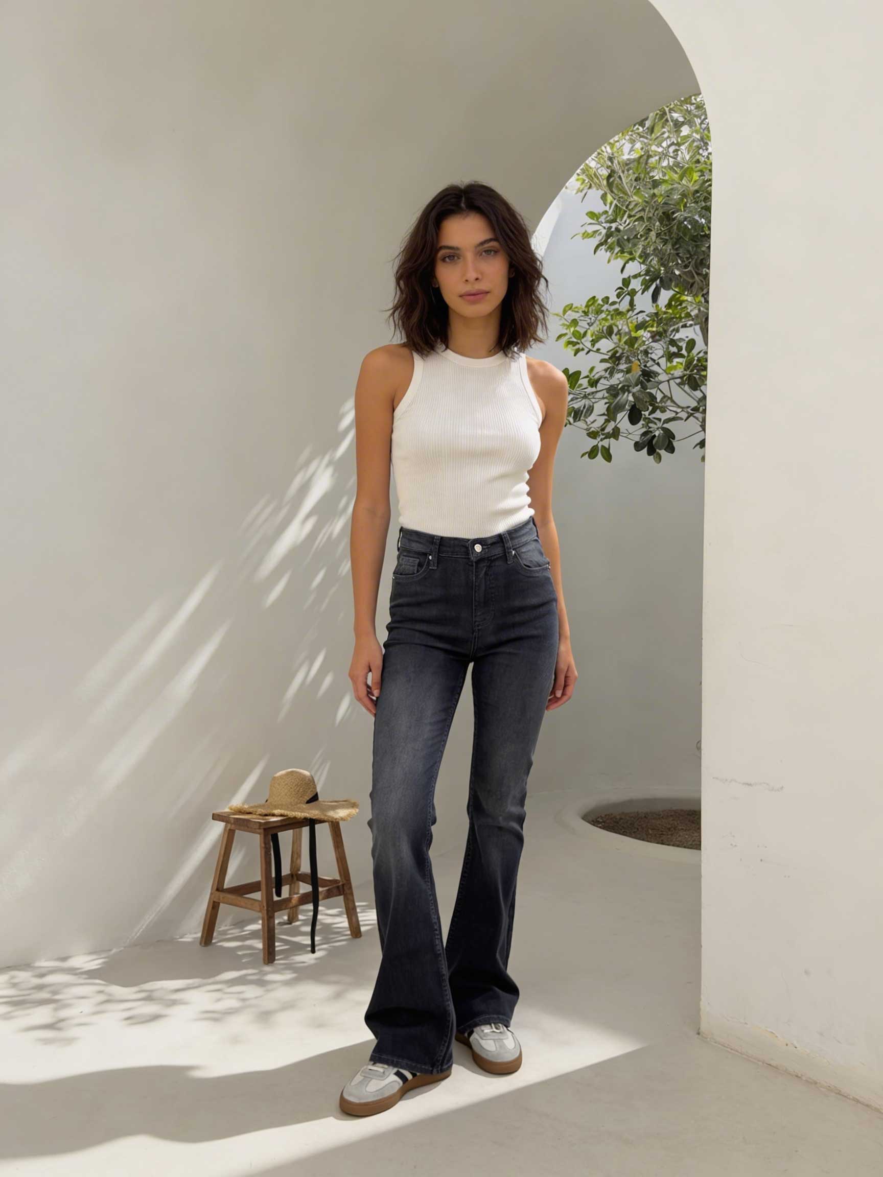 Flare – High-Waist Washed Charcoal Jeans Flare CIZARO - Cizaro Jeans
