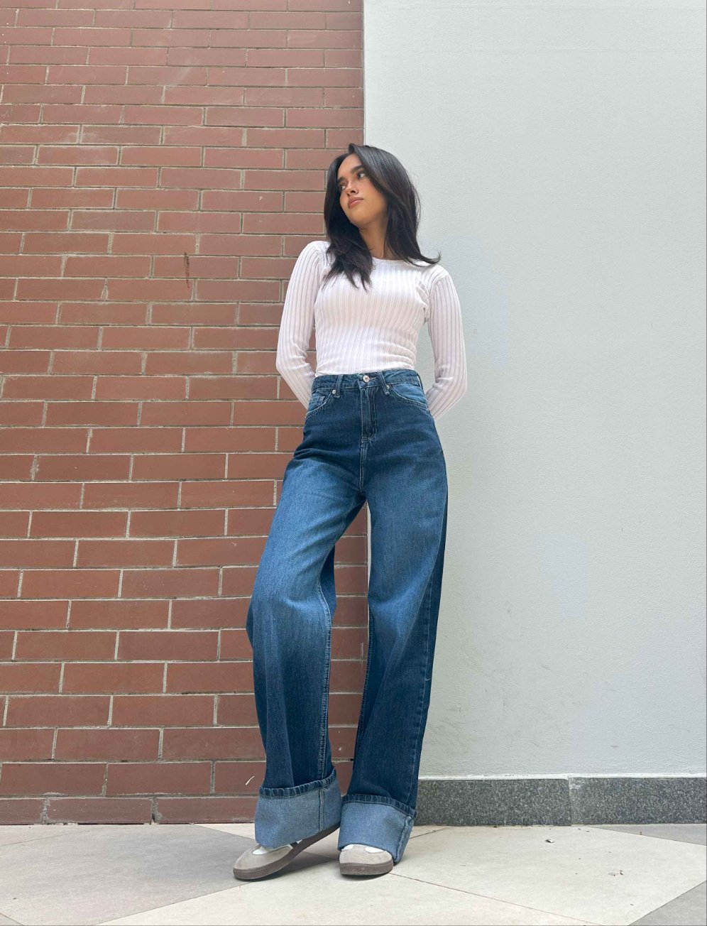 Wide Leg - Navy Blue Turn-Up Hems Jeans. Wide Leg CIZARO    - Cizaro Jeans