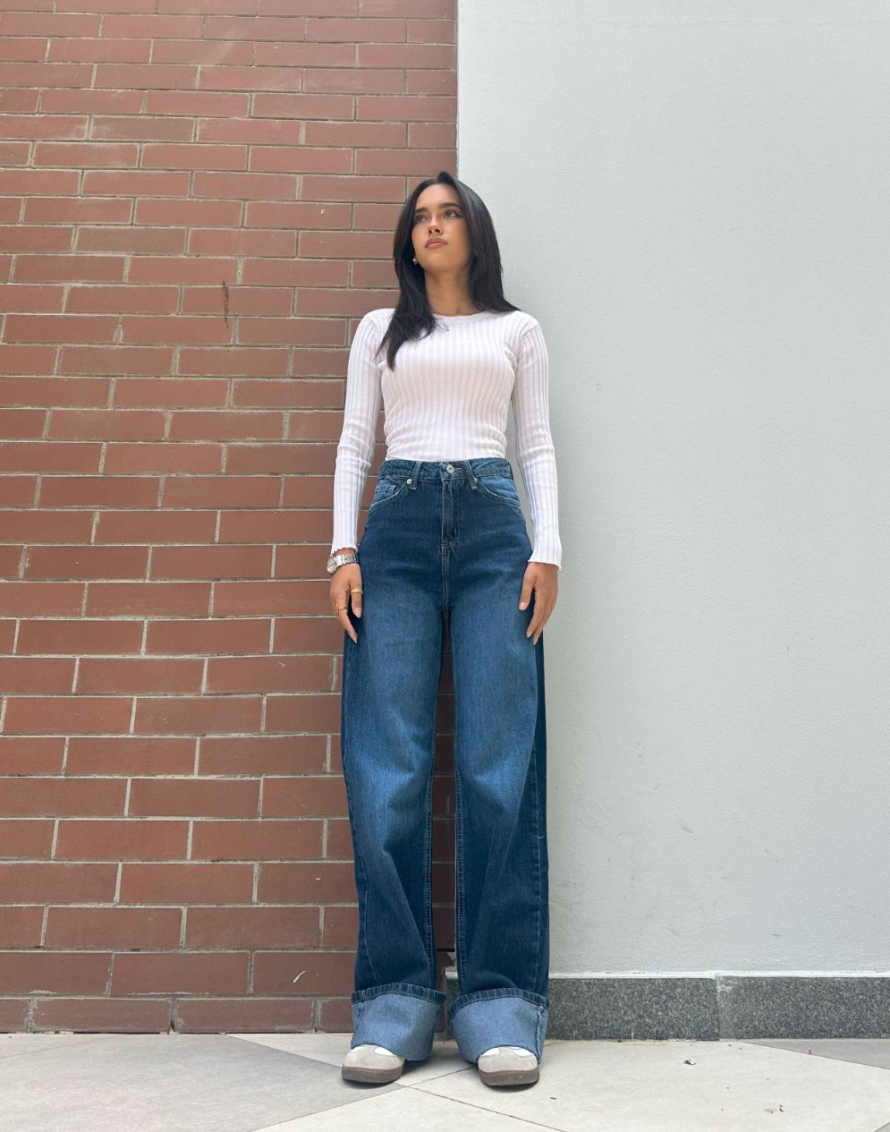 Wide Leg - Navy Blue Turn-Up Hems Jeans. Wide Leg CIZARO    - Cizaro Jeans