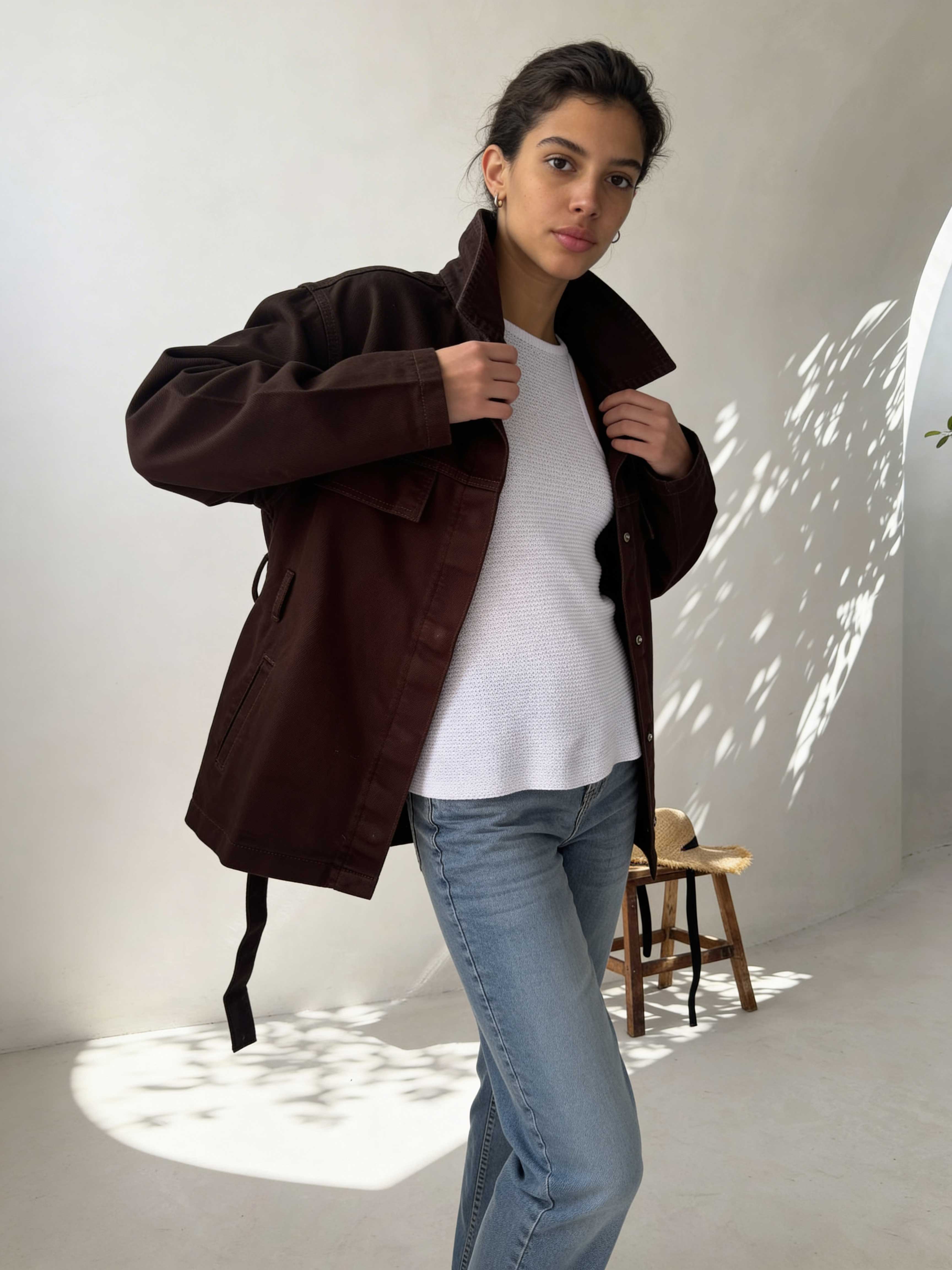 Jacket - Belted Button-Up Oversized Sage Green Denim jacket CIZARO - Cizaro Jeans