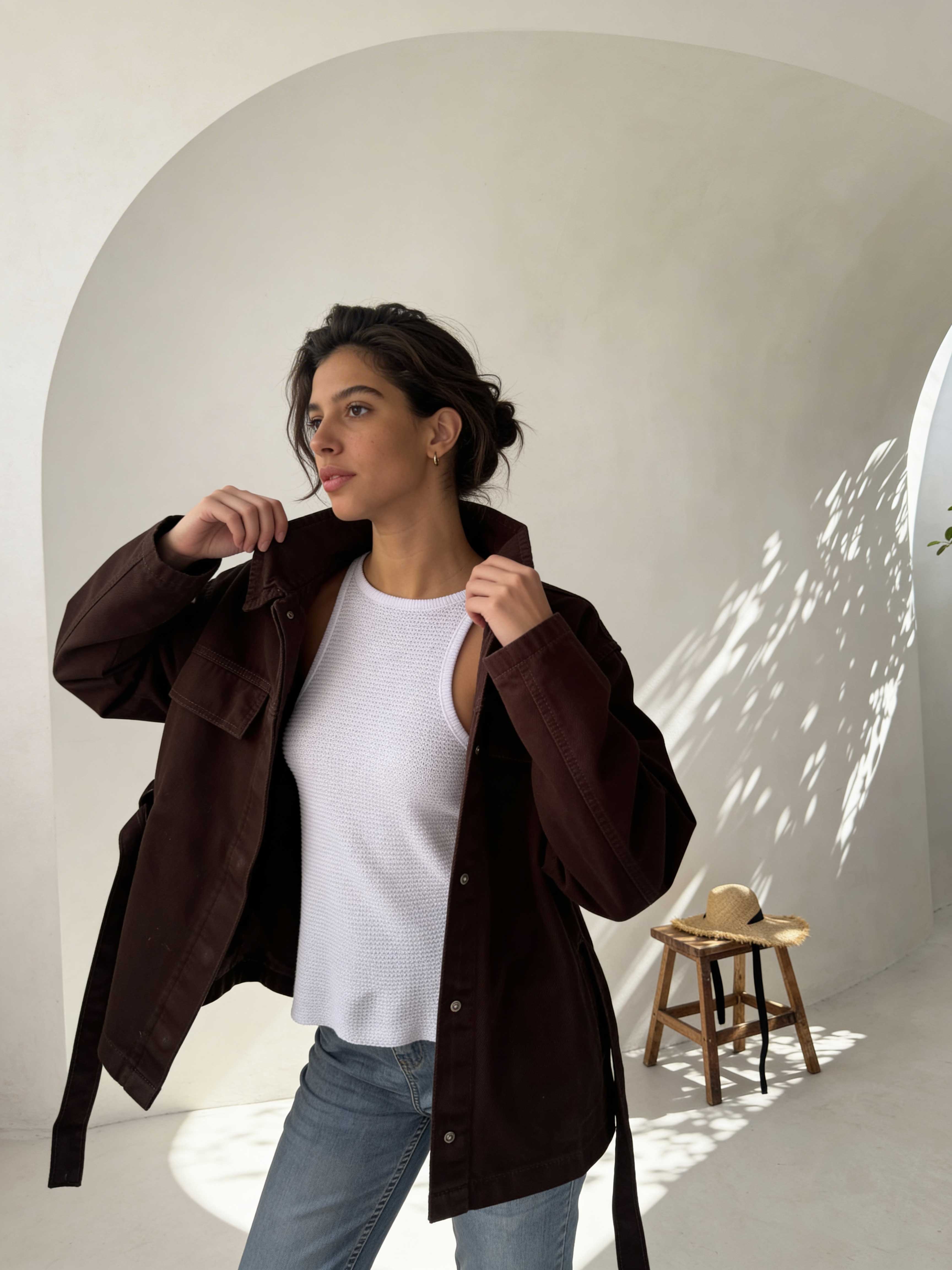 Jacket - Belted Button-Up Oversized Sage Green Denim jacket CIZARO - Cizaro Jeans