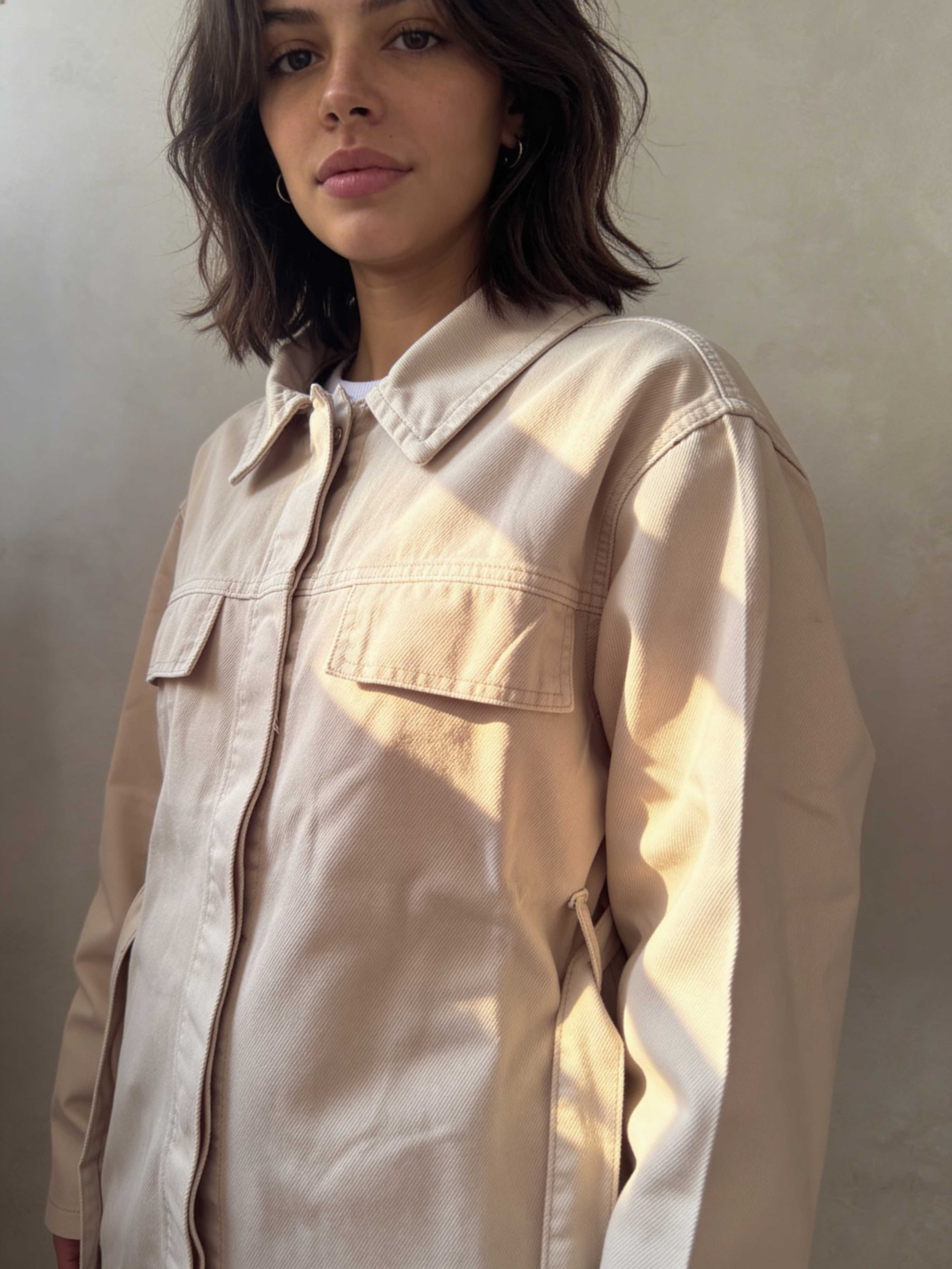 Jacket – Belted Oversized Beige Denim Jacket Jacket CIZARO - Cizaro Jeans