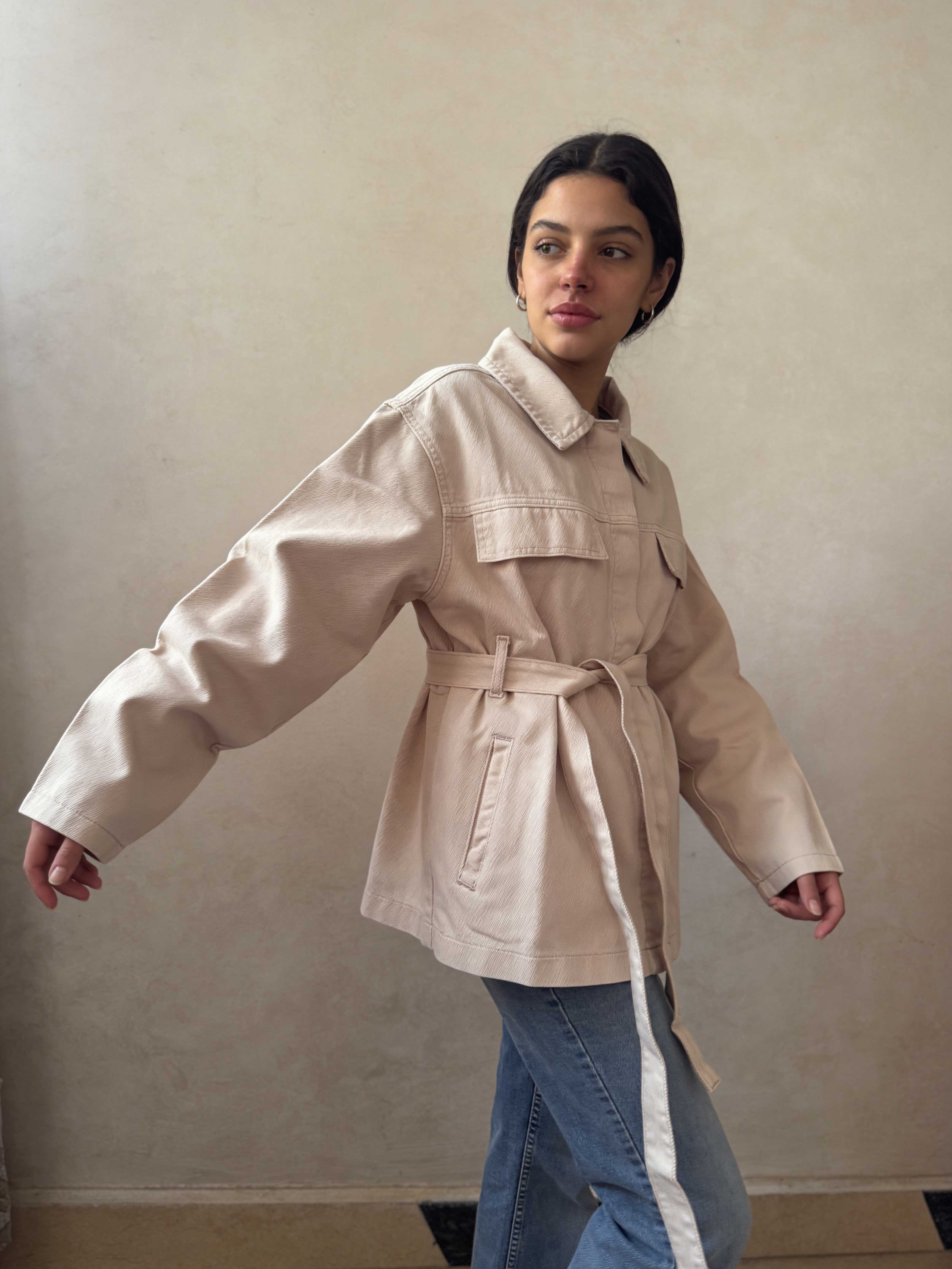 Jacket – Belted Oversized Beige Denim Jacket Jacket CIZARO - Cizaro Jeans