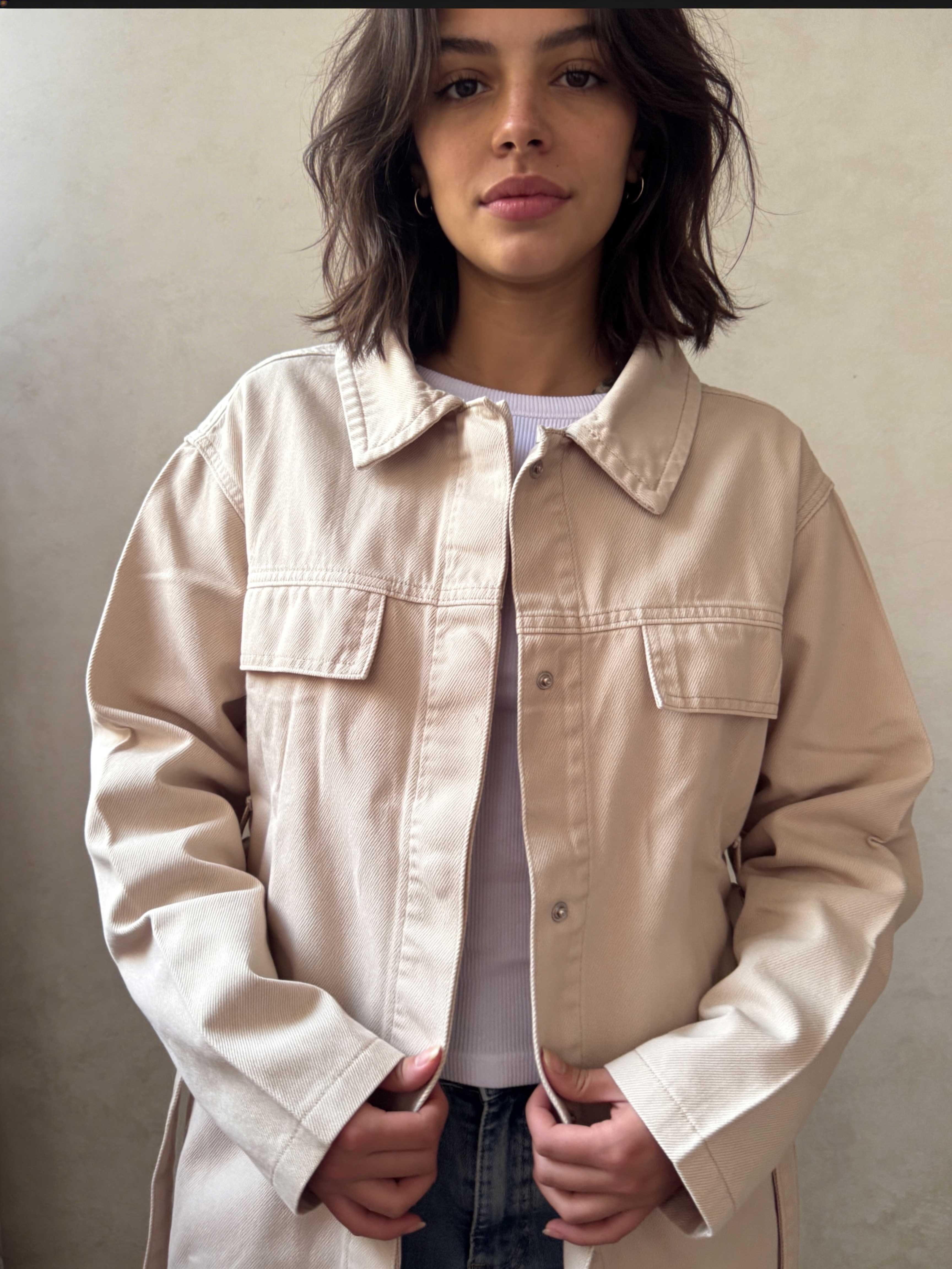 Jacket – Belted Oversized Beige Denim Jacket Jacket CIZARO - Cizaro Jeans