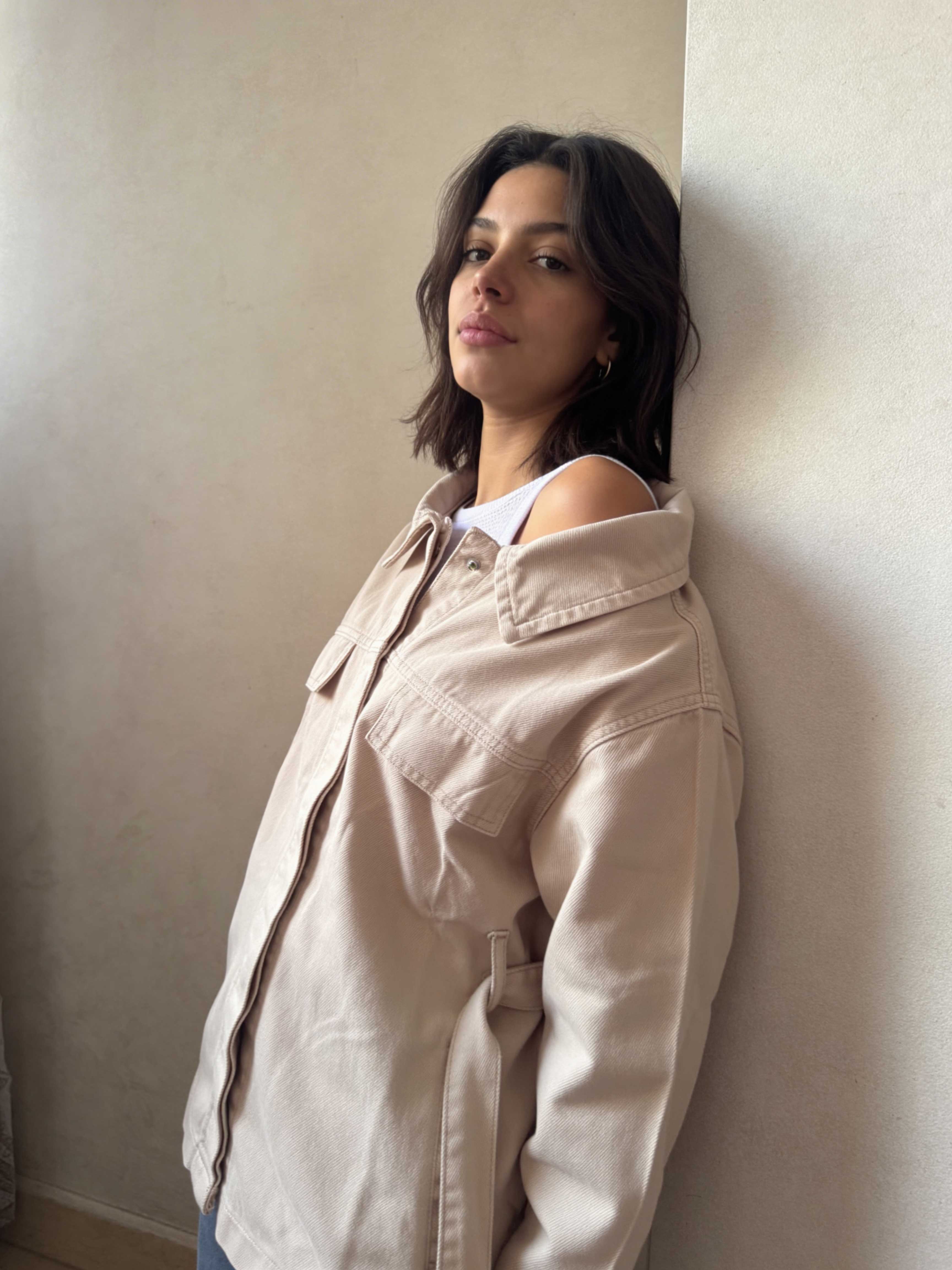 Jacket – Belted Oversized Beige Denim Jacket Jacket CIZARO - Cizaro Jeans