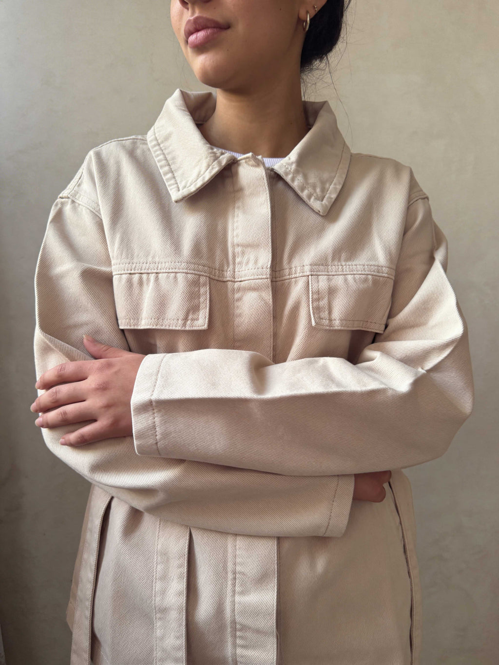 Jacket – Belted Oversized Beige Denim Jacket Jacket CIZARO - Cizaro Jeans