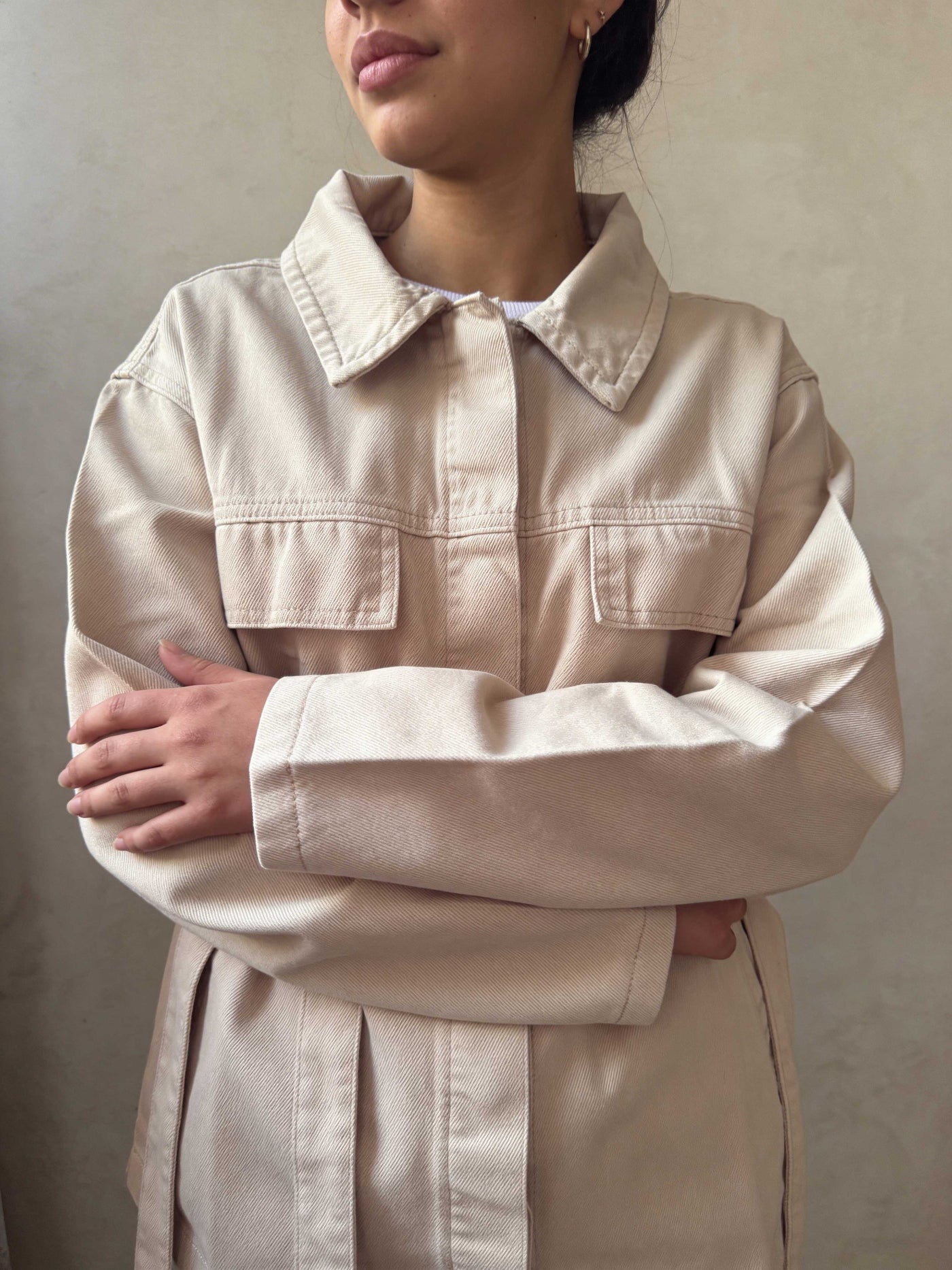 Jacket – Belted Oversized Beige Denim Jacket Jacket CIZARO - Cizaro Jeans