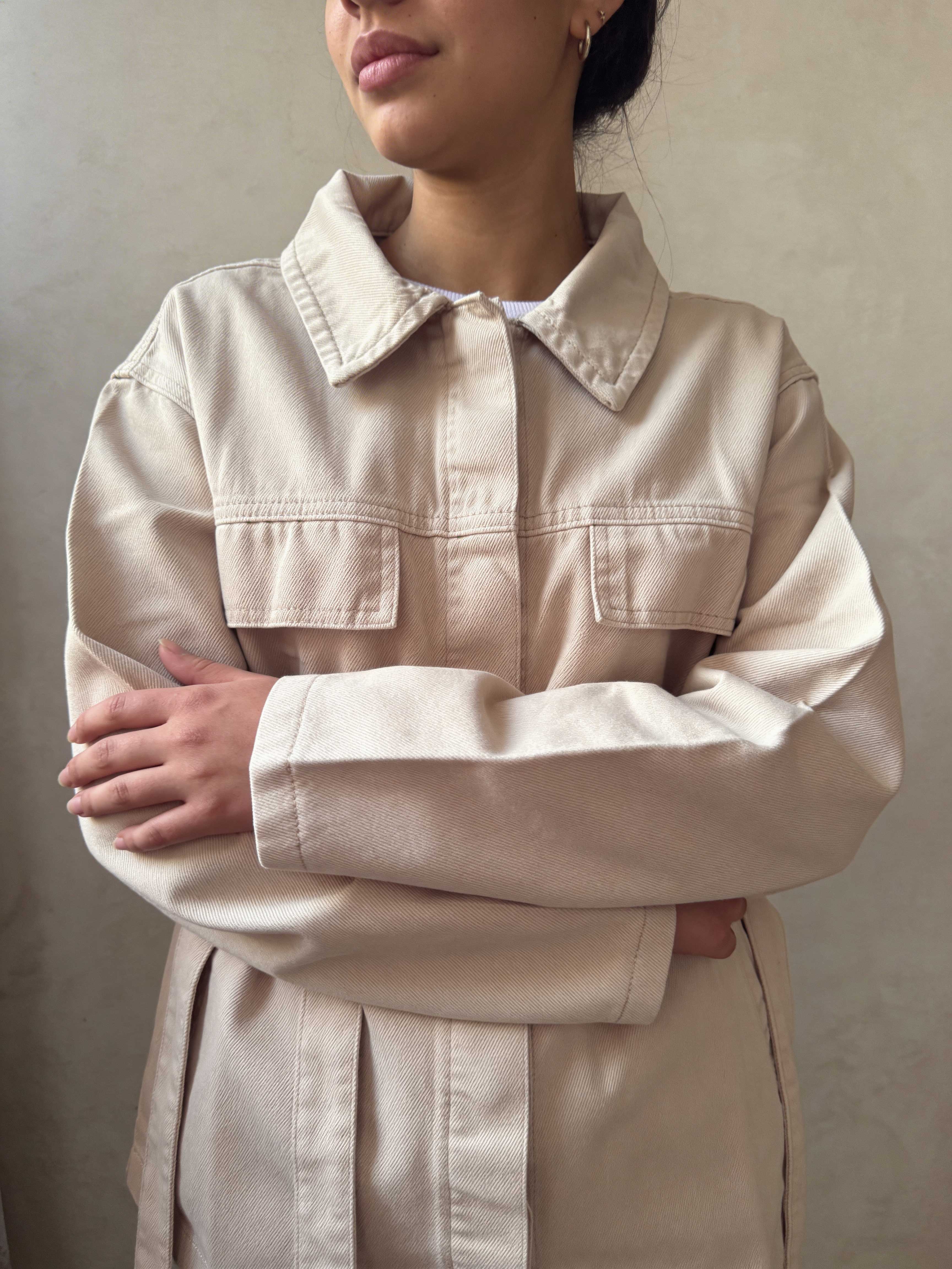 Jacket – Belted Oversized Beige Denim Jacket Jacket CIZARO - Cizaro Jeans