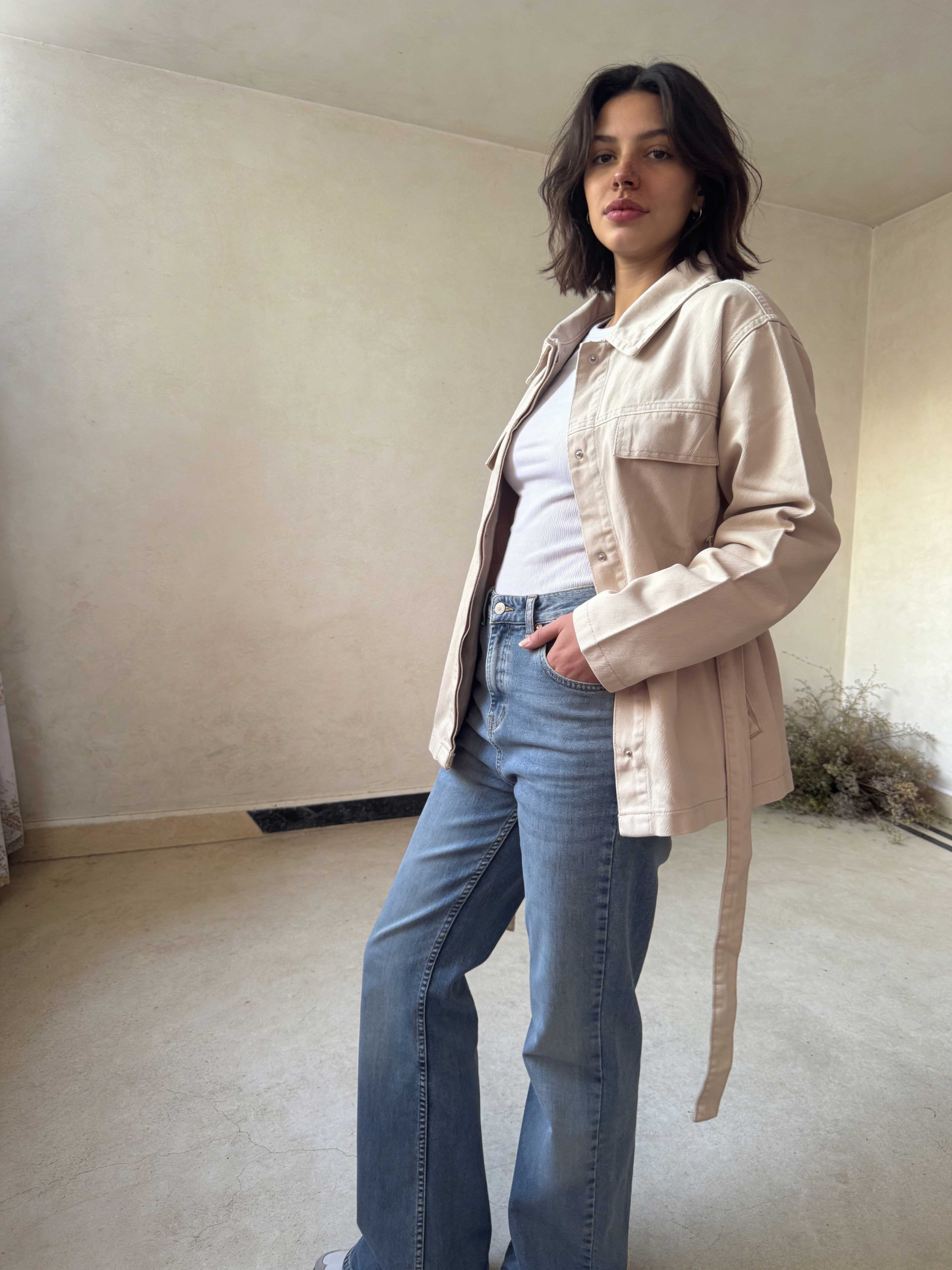 Jacket – Belted Oversized Beige Denim Jacket Jacket CIZARO - Cizaro Jeans