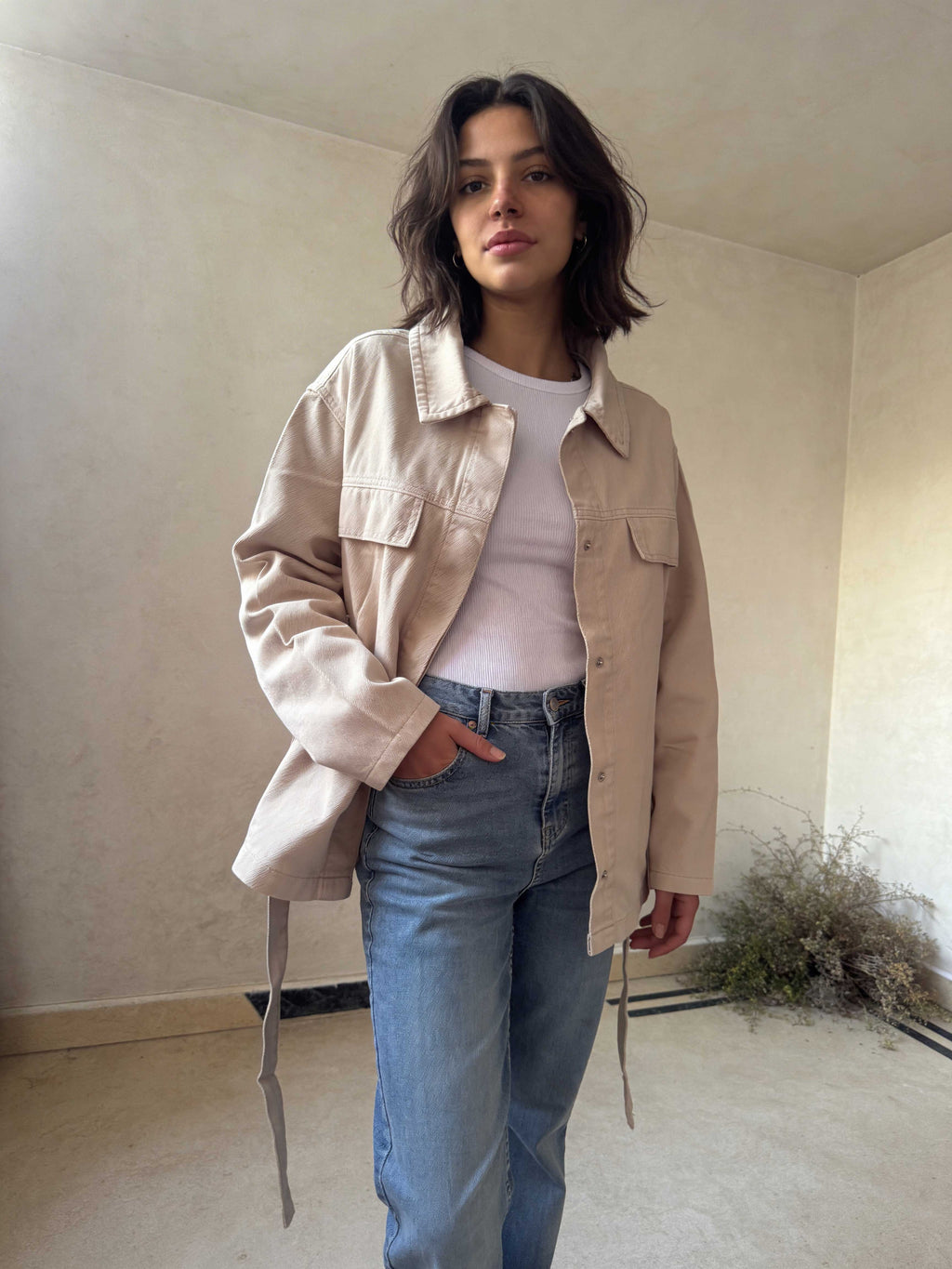 Jacket – Belted Oversized Beige Denim Jacket Jacket CIZARO - Cizaro Jeans