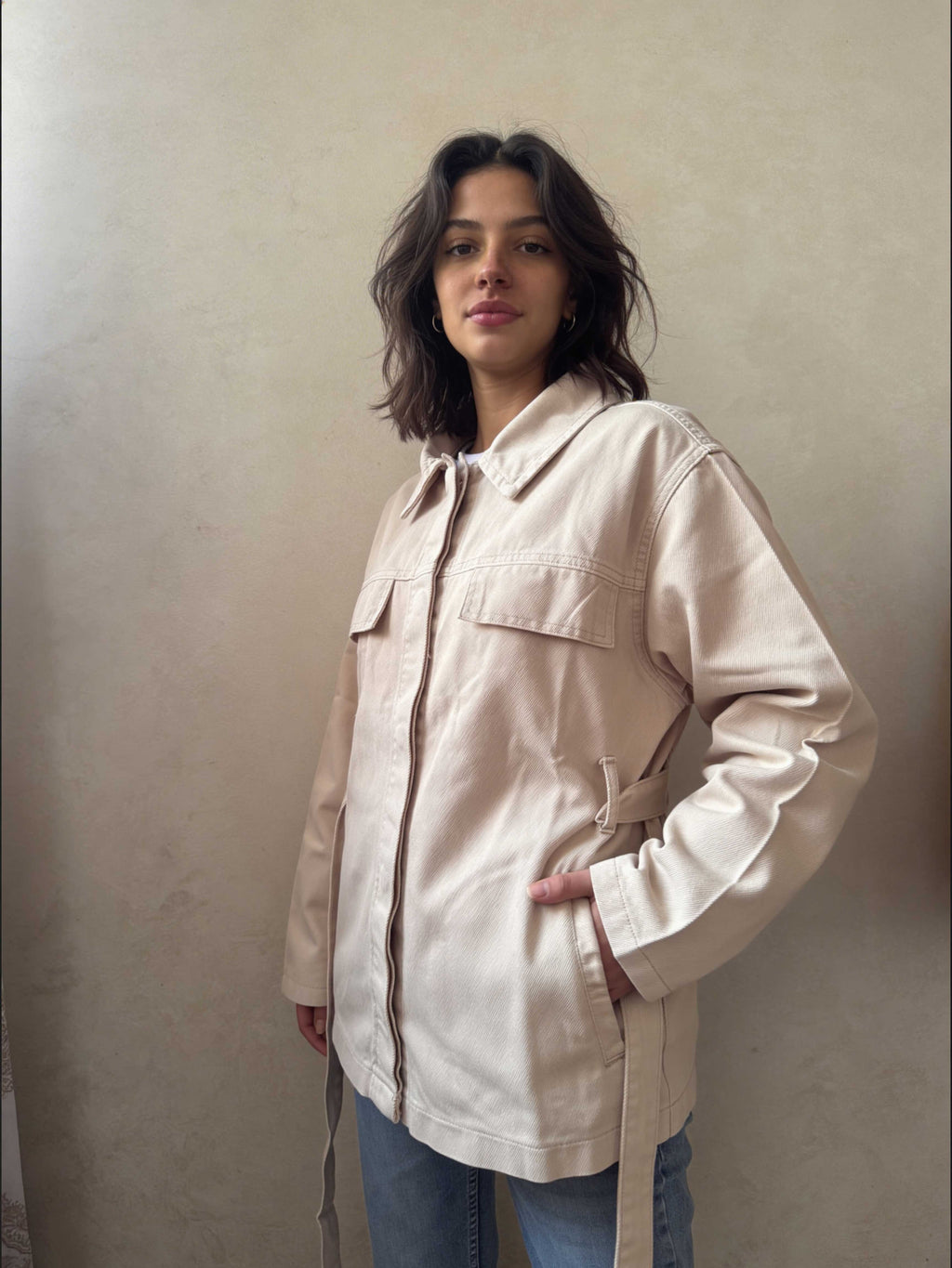 Jacket – Belted Oversized Beige Denim Jacket Jacket CIZARO - Cizaro Jeans