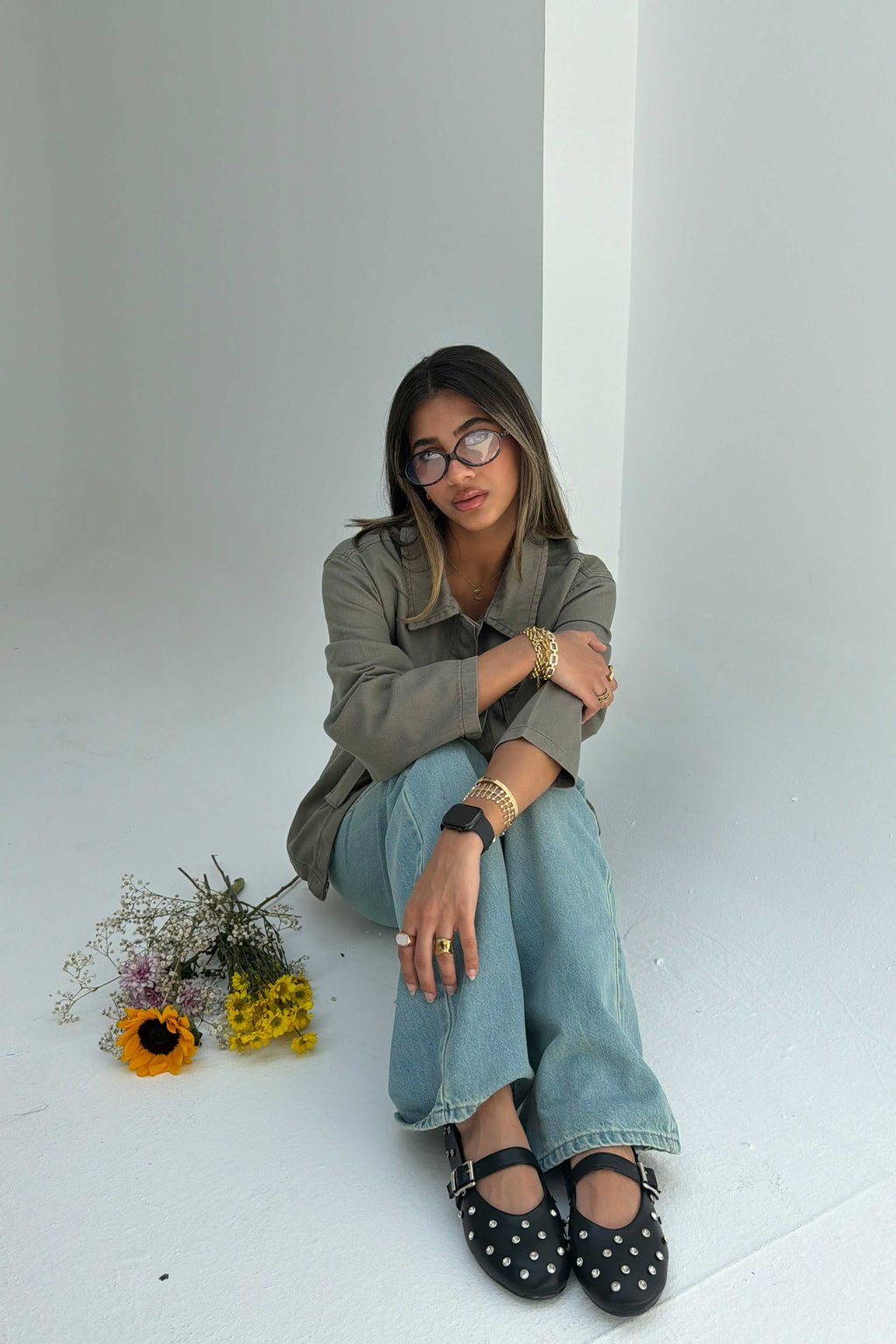 Jacket - Belted Button-Up Oversized Sage Green Denim jacket CIZARO - Cizaro Jeans