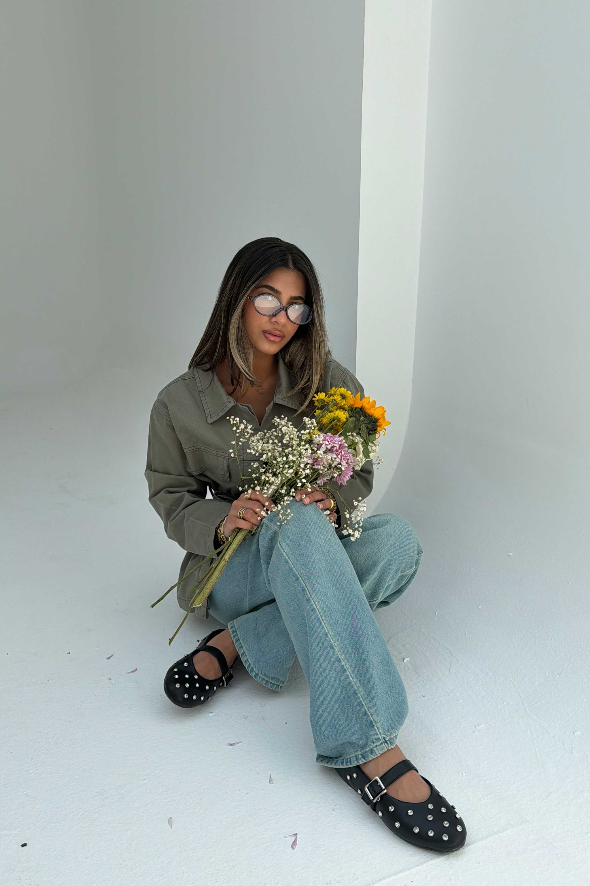 Jacket - Belted Button-Up Oversized Sage Green Denim jacket CIZARO - Cizaro Jeans