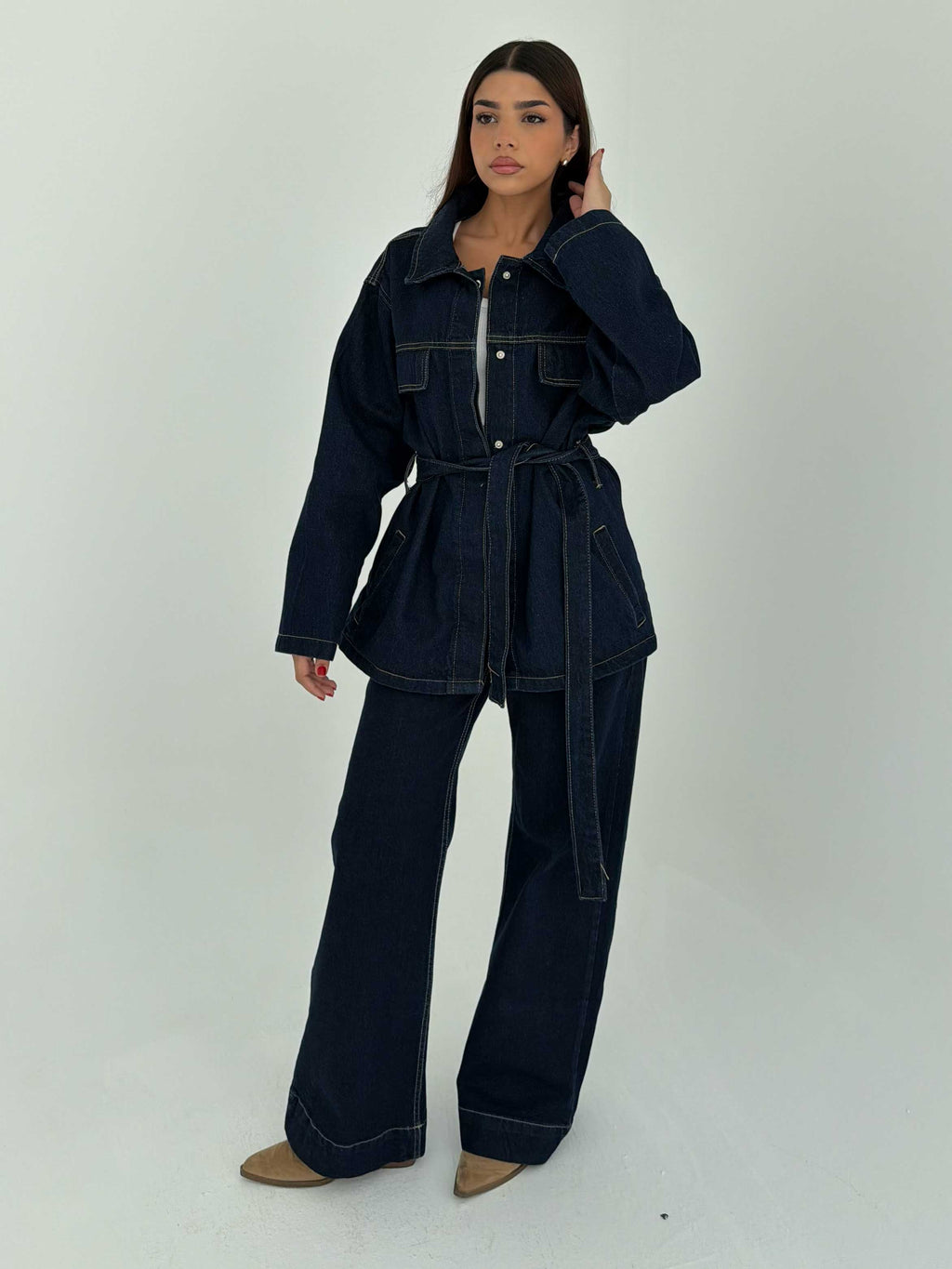 Jacket - Belted Button-Up Oversized Raw Denim Jacket CIZARO - Cizaro Jeans