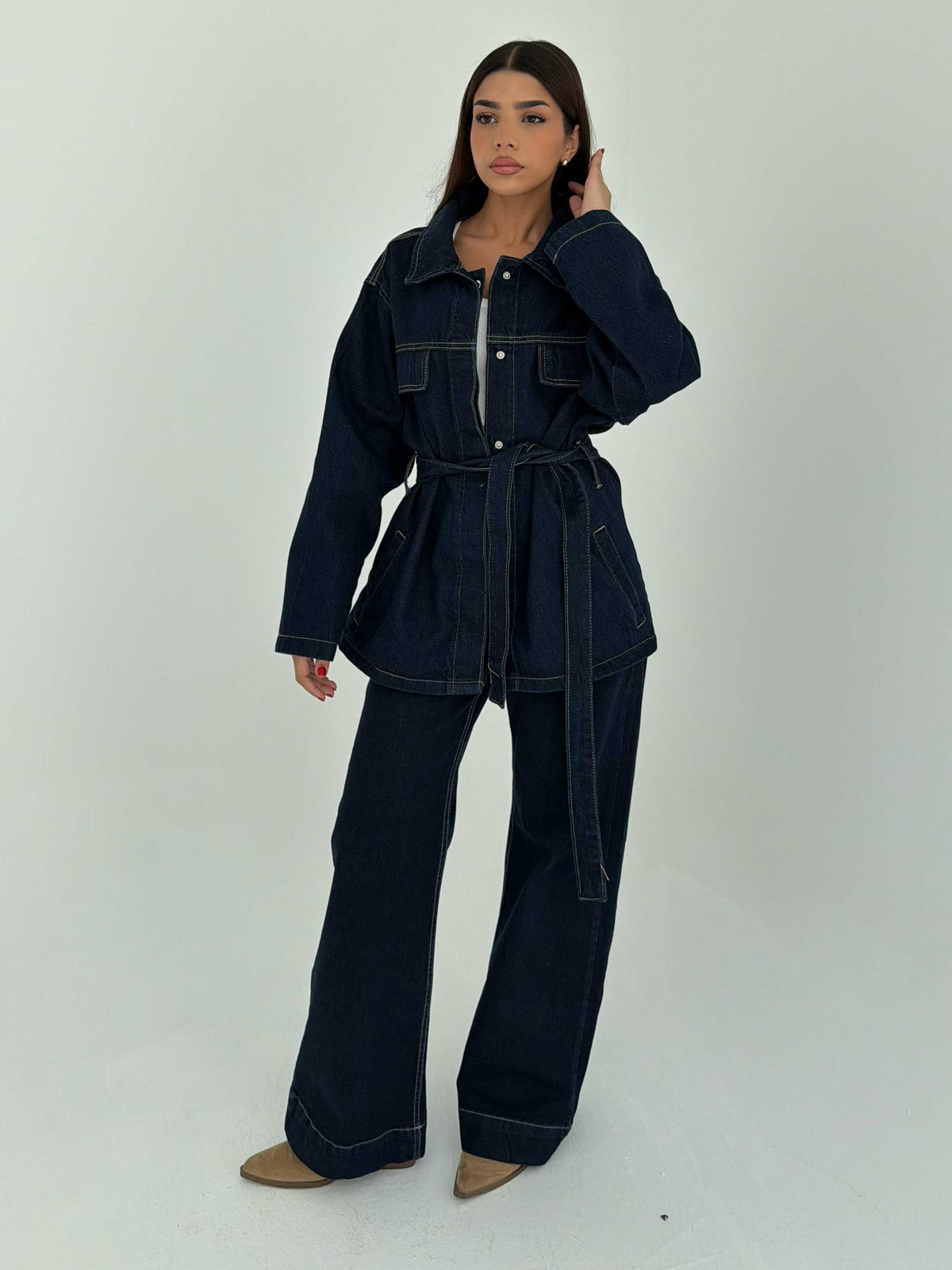 Jacket - Belted Button-Up Oversized Raw Denim Jacket CIZARO - Cizaro Jeans