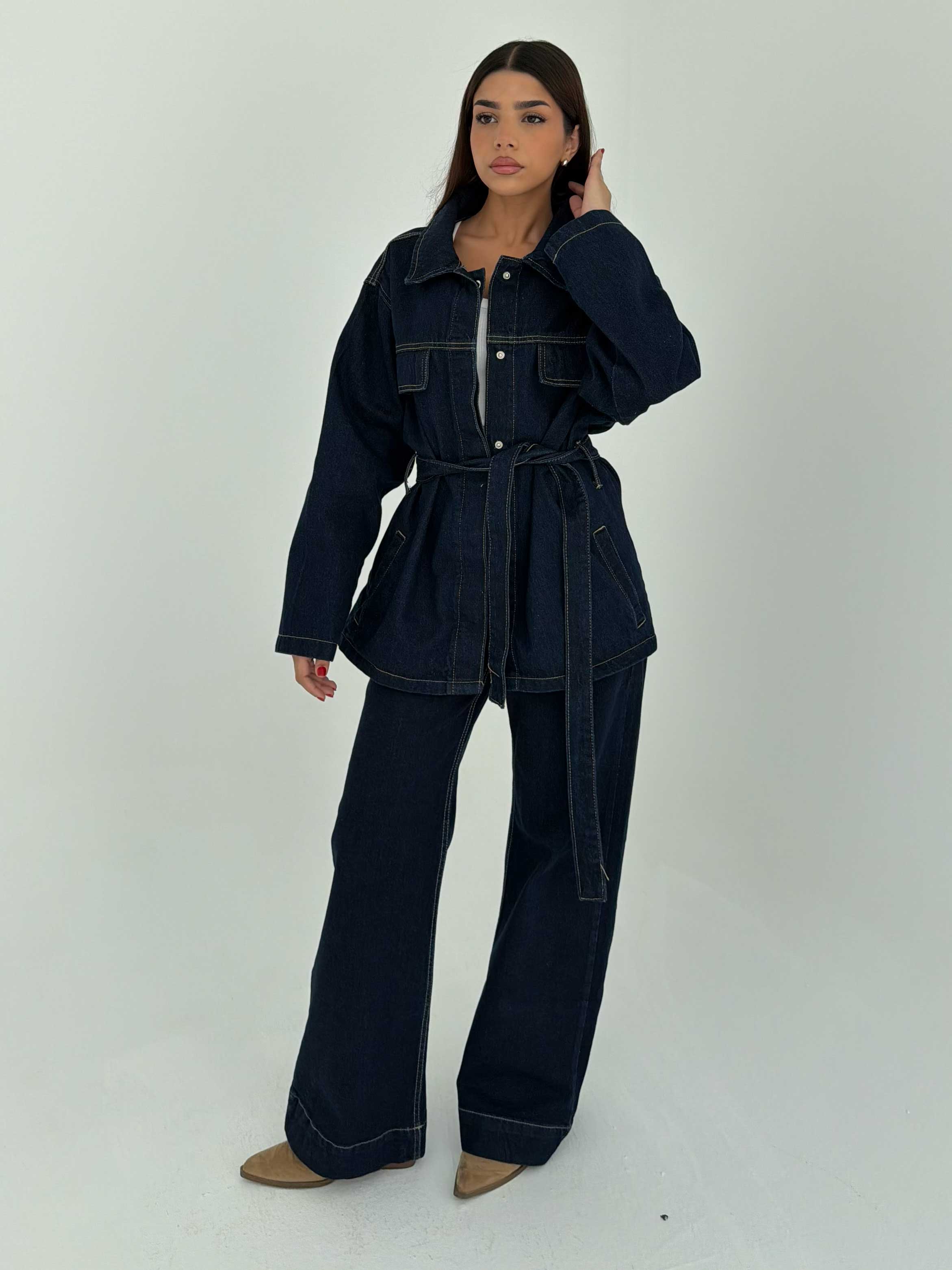 Jacket - Belted Button-Up Oversized Raw Denim Jacket CIZARO - Cizaro Jeans