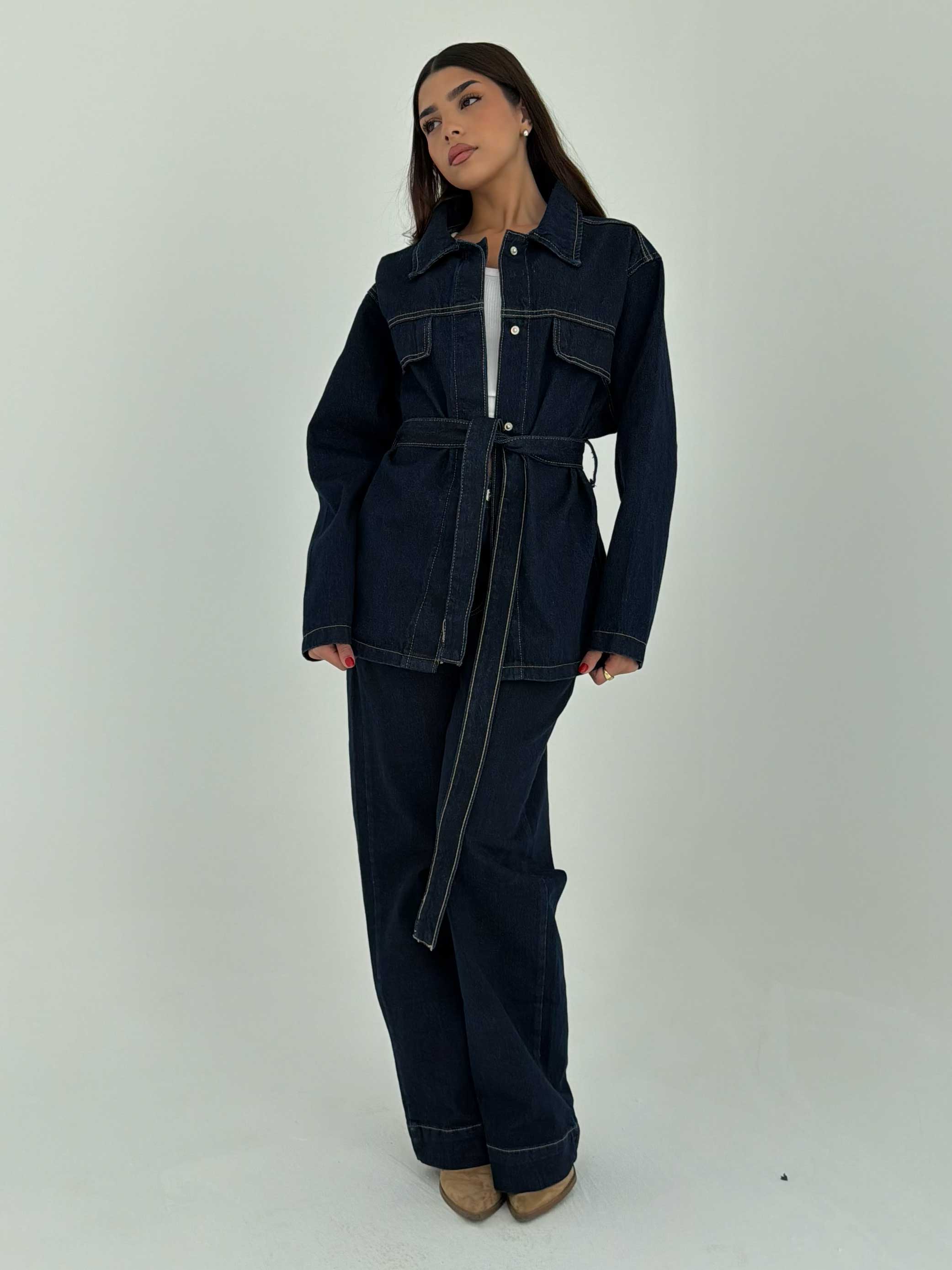 Jacket - Belted Button-Up Oversized Raw Denim Jacket CIZARO - Cizaro Jeans