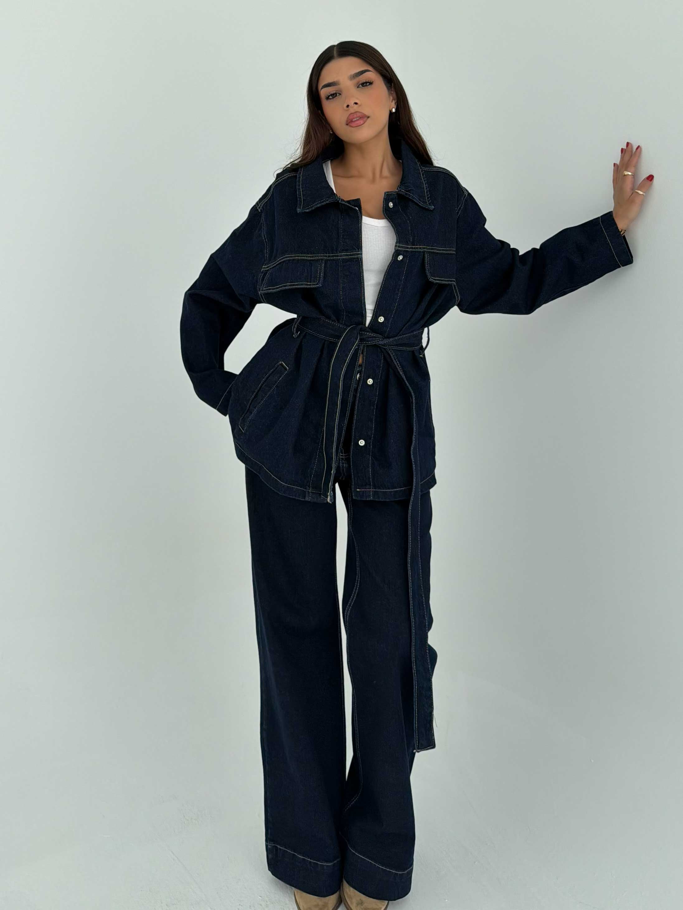 Jacket - Belted Button-Up Oversized Raw Denim Jacket CIZARO - Cizaro Jeans