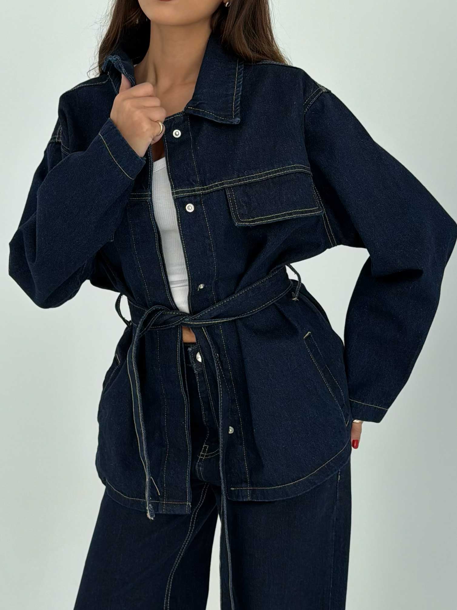 Jacket - Belted Button-Up Oversized Raw Denim Jacket CIZARO - Cizaro Jeans