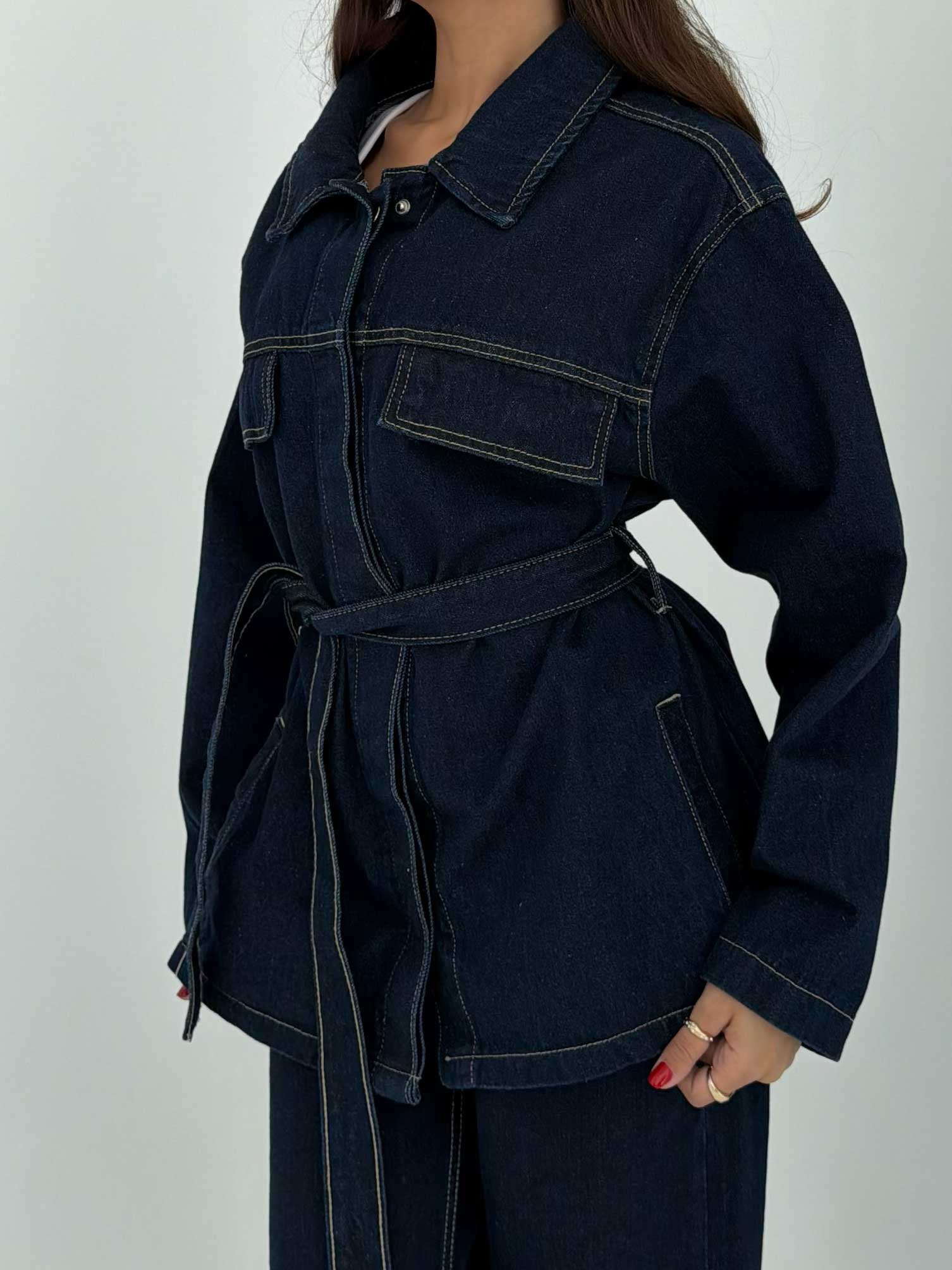 Jacket - Belted Button-Up Oversized Raw Denim Jacket CIZARO - Cizaro Jeans