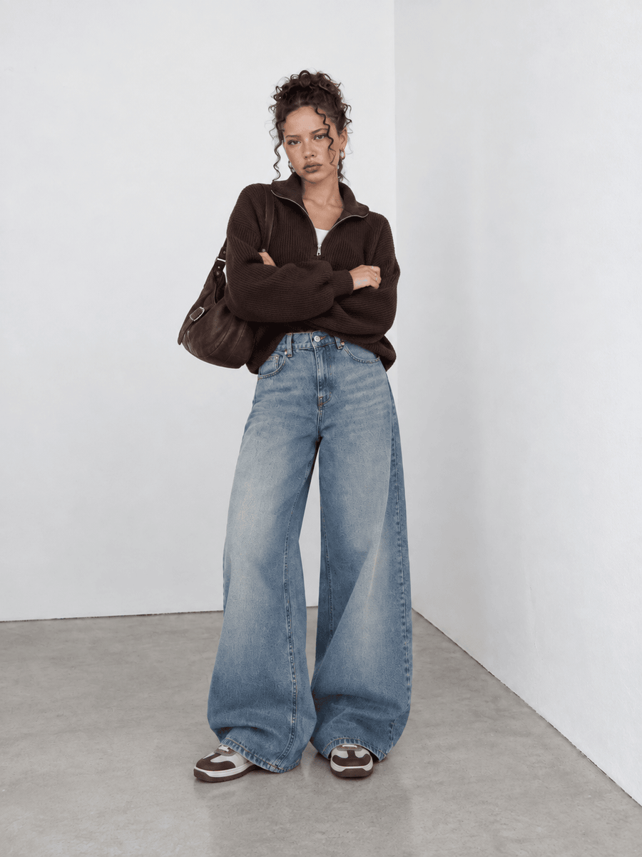 Loose Baggy High-Waist Faded Blue Jeans