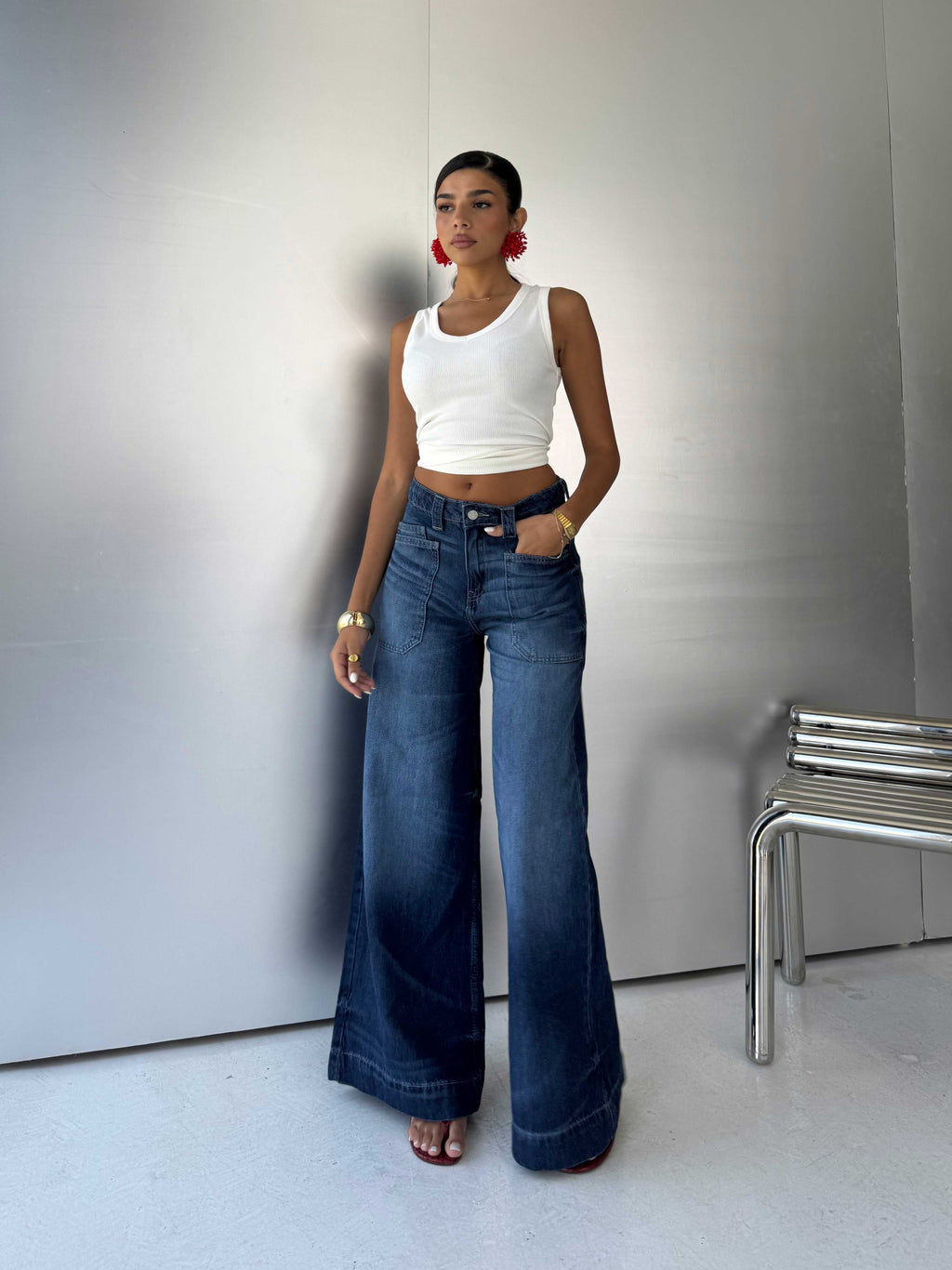 Wide-Leg High-Waist Deep Vintage Blue Cargo Jeans