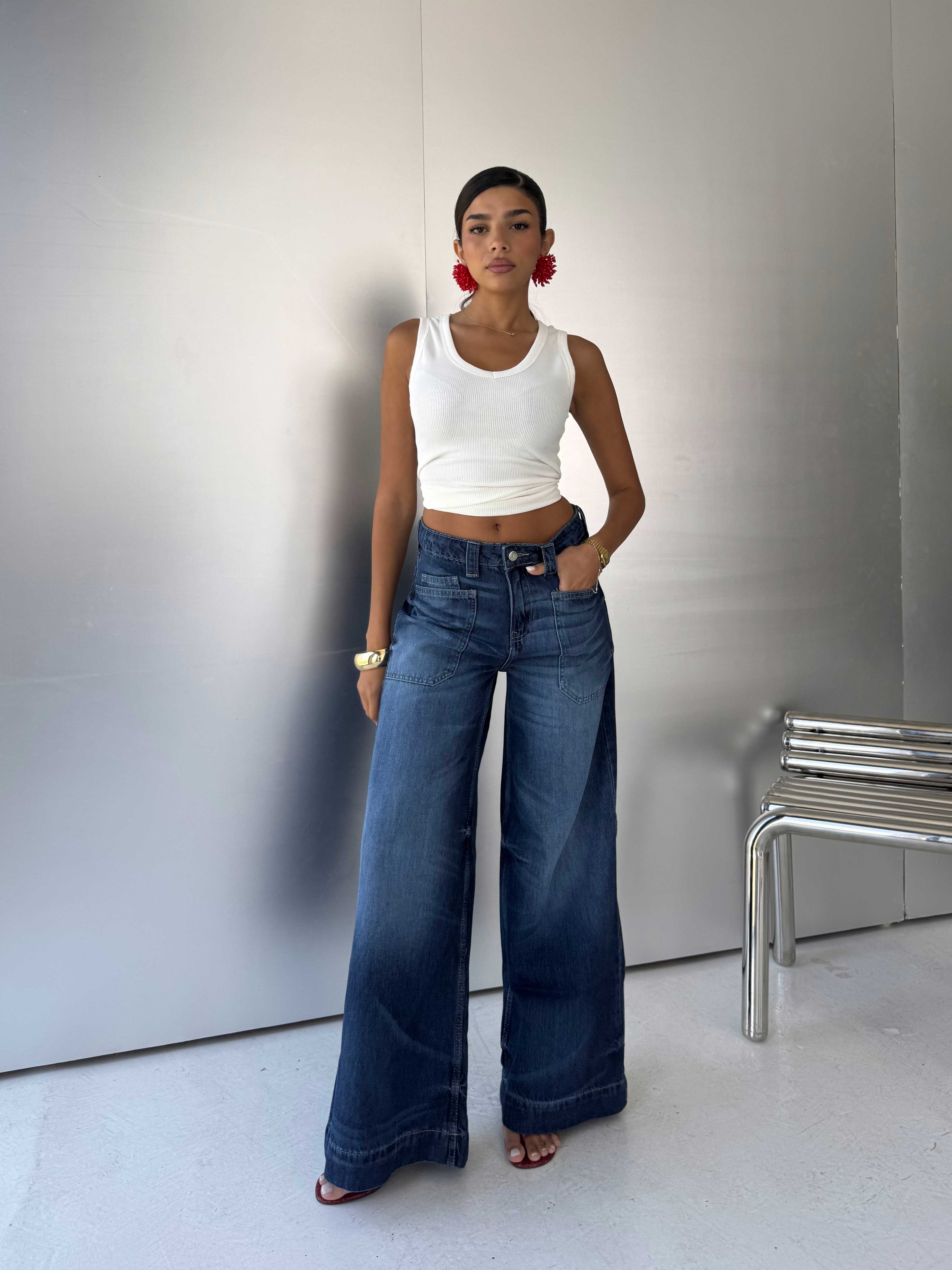 Wide-Leg High-Waist Deep Vintage Blue Cargo Jeans