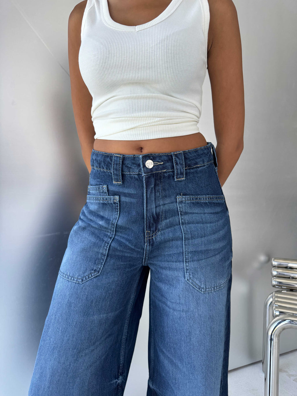 Wide-Leg High-Waist Deep Vintage Blue Cargo Jeans