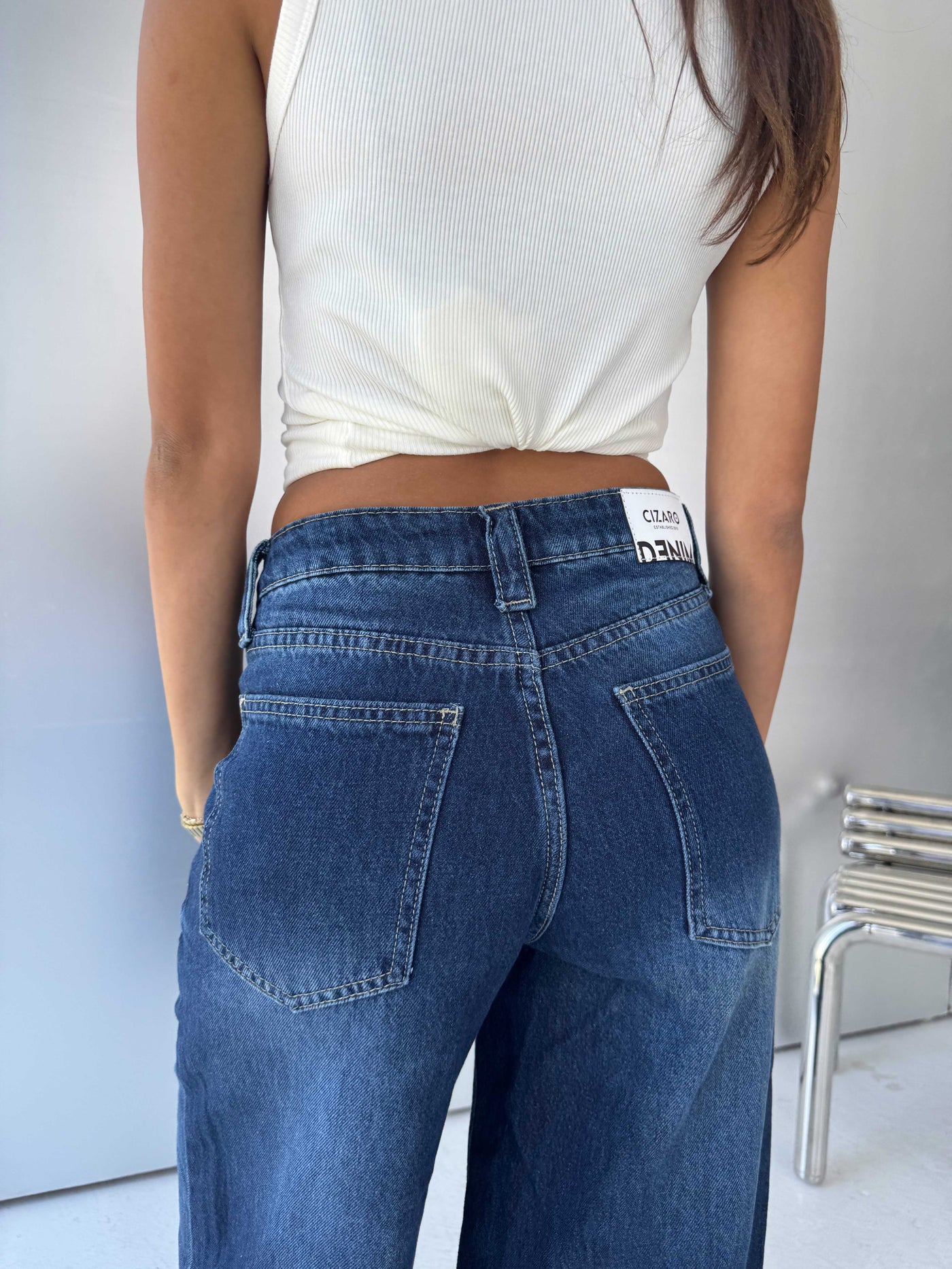 Statement Patch pocket Relaxed Wide leg High waist Ocean blue jeans Wide-leg CIZARO - Cizaro Jeans