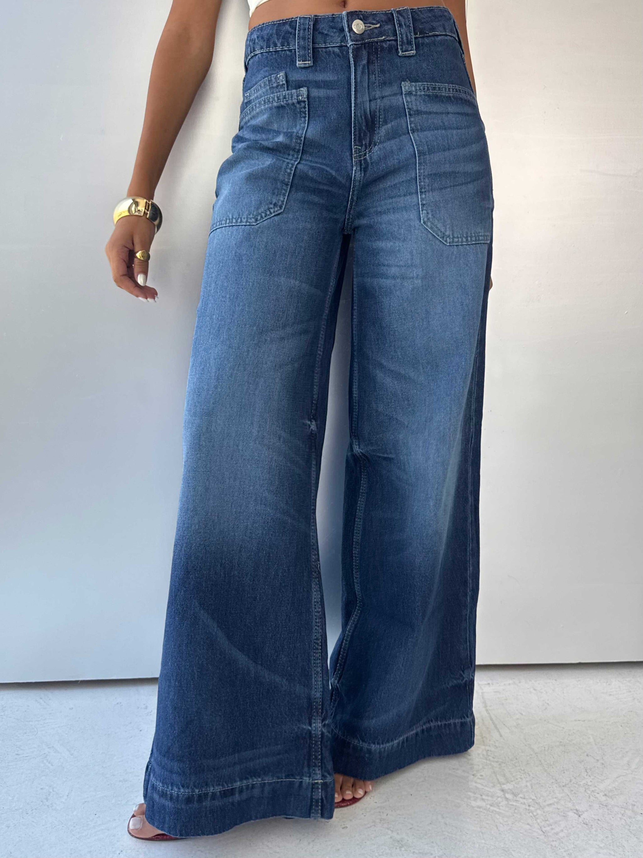 Statement Patch pocket Relaxed Wide leg High waist Ocean blue jeans Wide-leg CIZARO - Cizaro Jeans