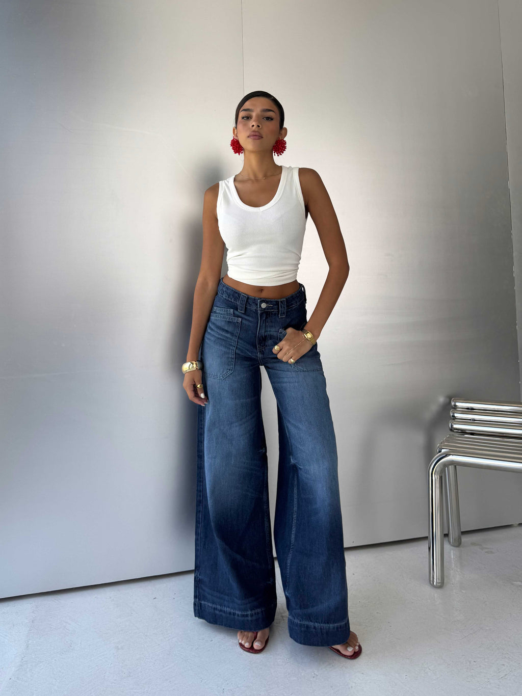 Wide-Leg High-Waist Deep Vintage Blue Cargo Jeans