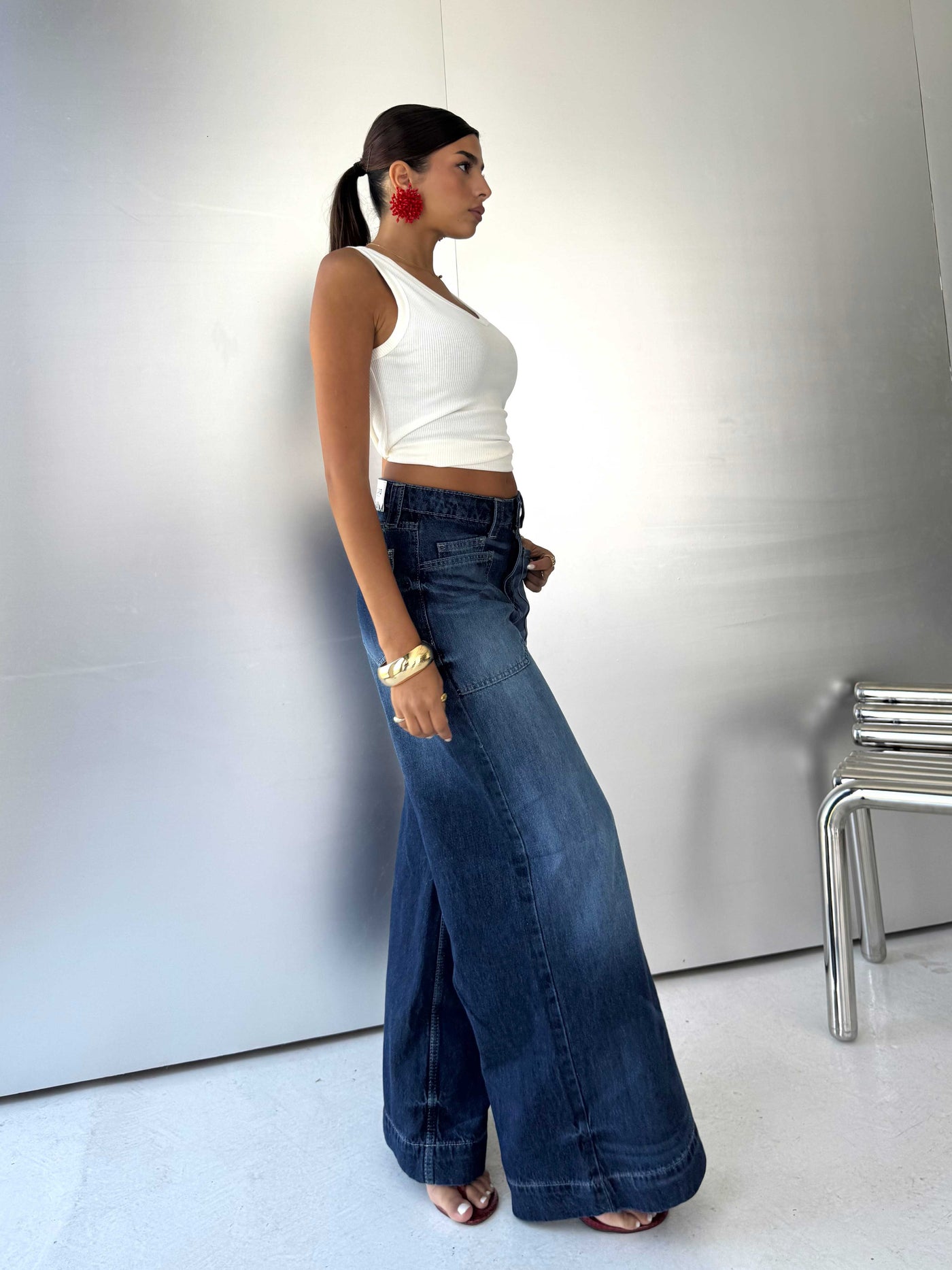 Statement Patch pocket Relaxed Wide leg High waist Ocean blue jeans Wide-leg CIZARO - Cizaro Jeans