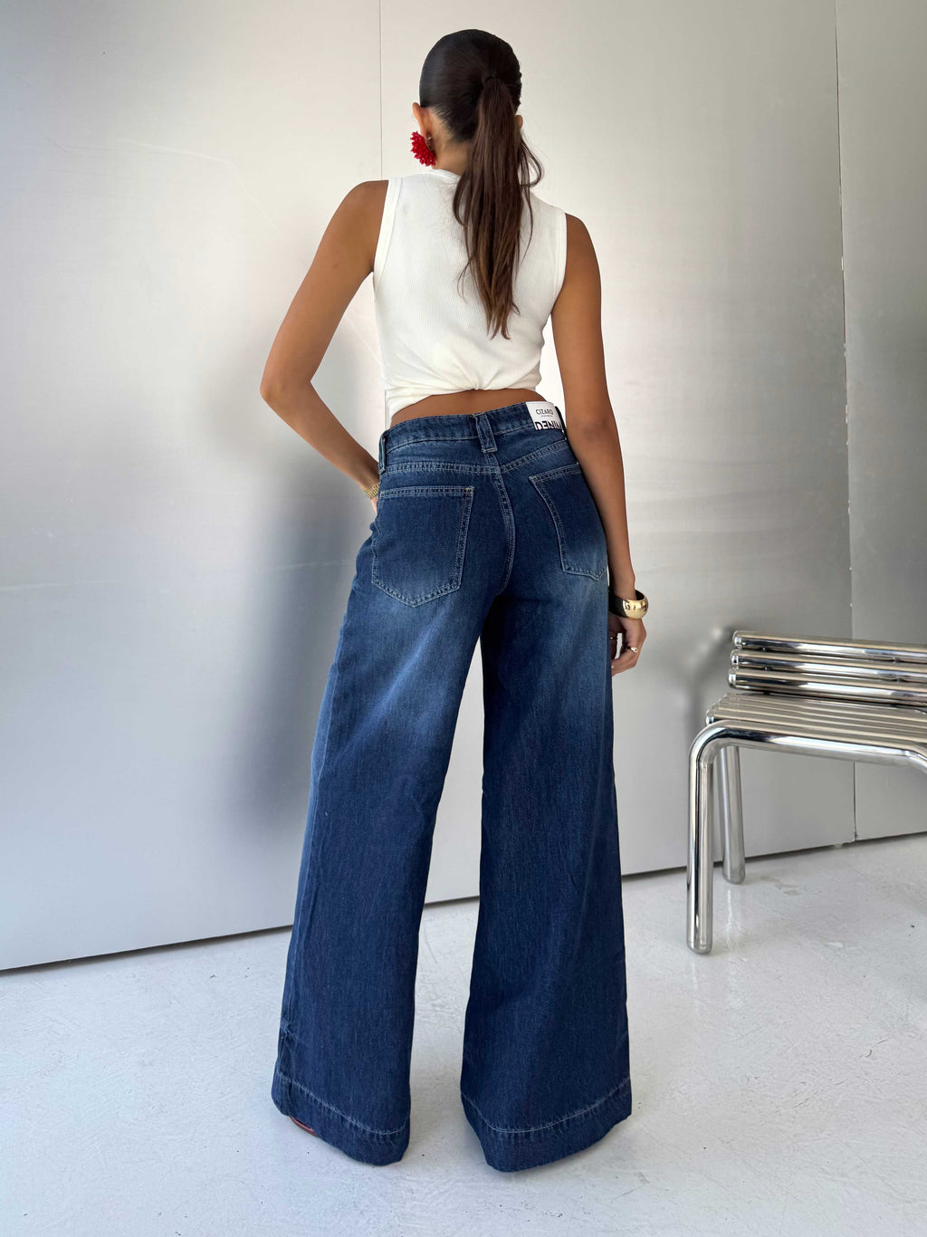 Wide-Leg High-Waist Deep Vintage Blue Cargo Jeans