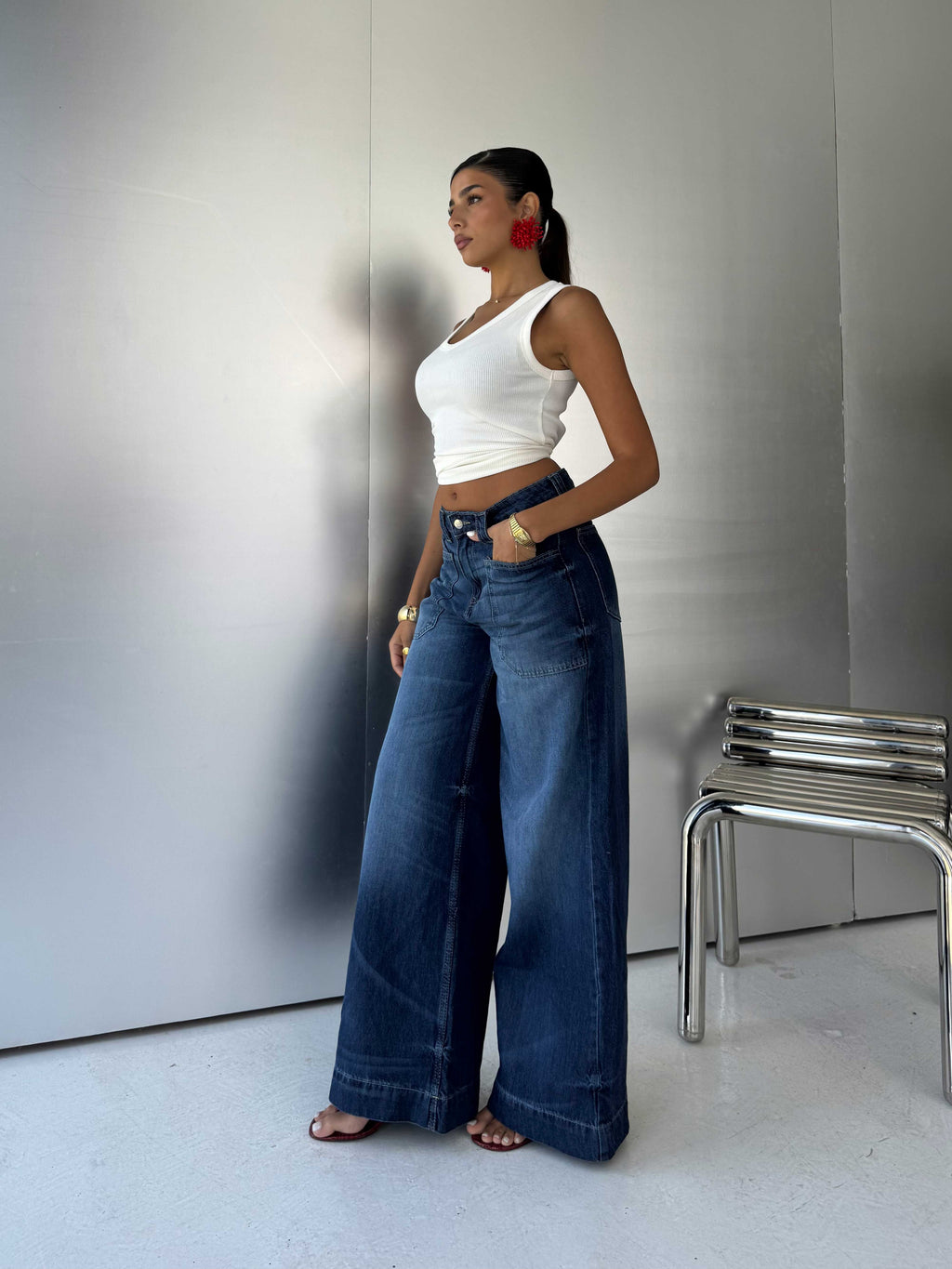Wide-Leg High-Waist Deep Vintage Blue Cargo Jeans
