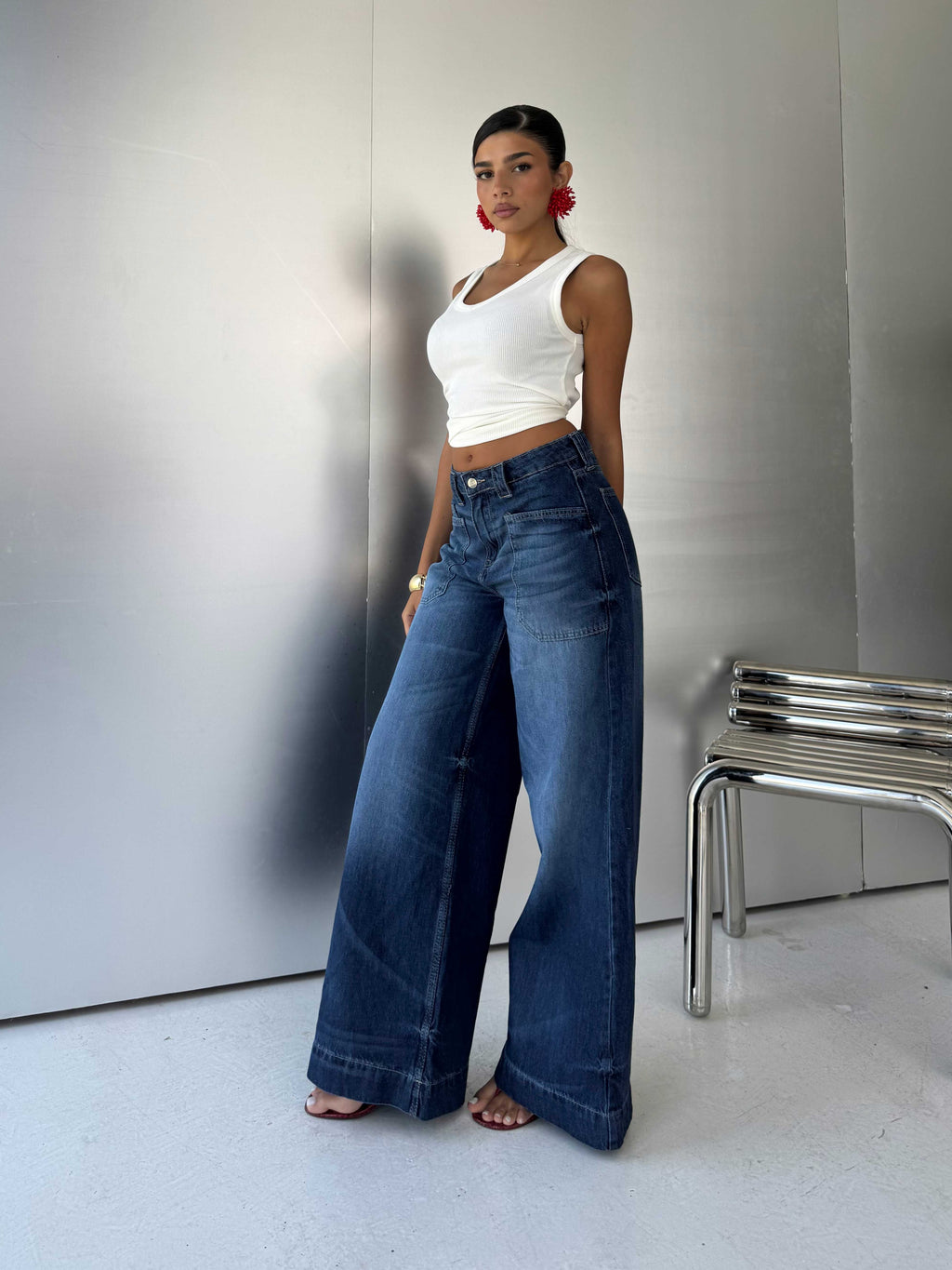 Wide-Leg High-Waist Deep Vintage Blue Cargo Jeans