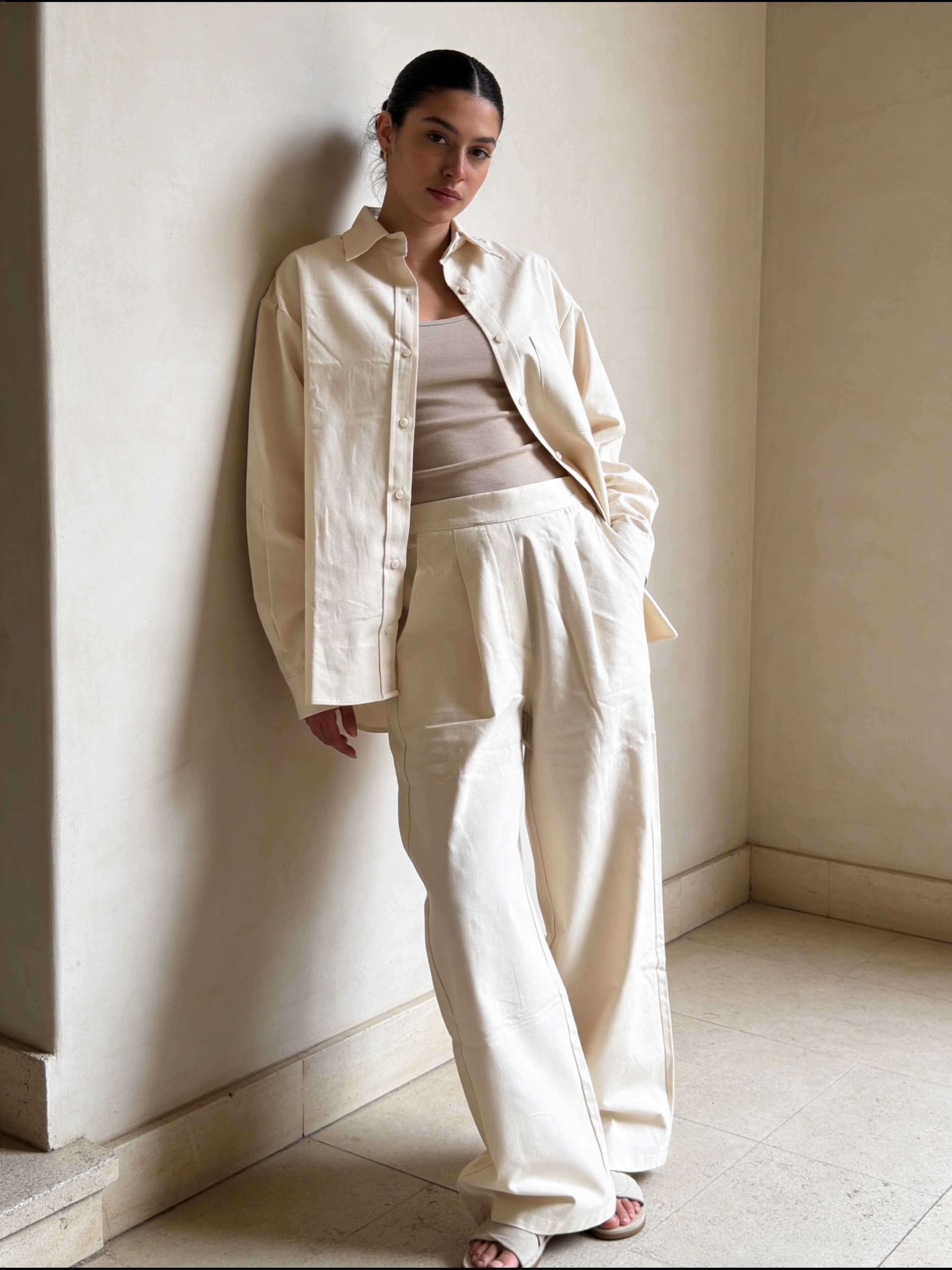 Trousers – Ecru Wide-Leg Linen Effect Trousers