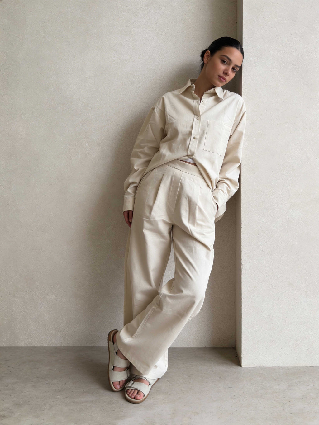 Trousers – Ecru Wide-Leg Linen Effect Trousers Wide Leg , non denim , trousers CIZARO - Cizaro Jeans