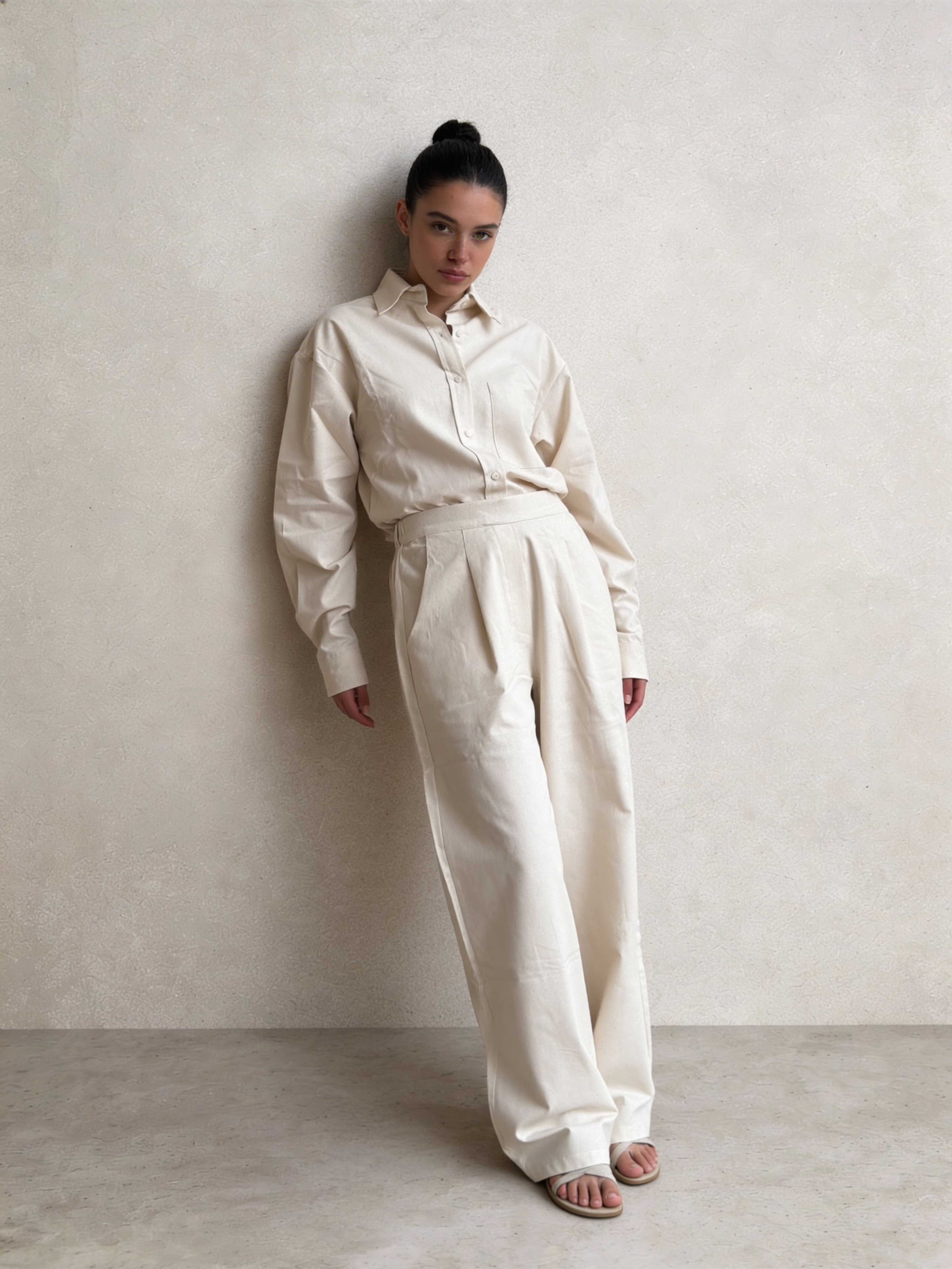 Trousers – Ecru Wide-Leg Linen Effect Trousers